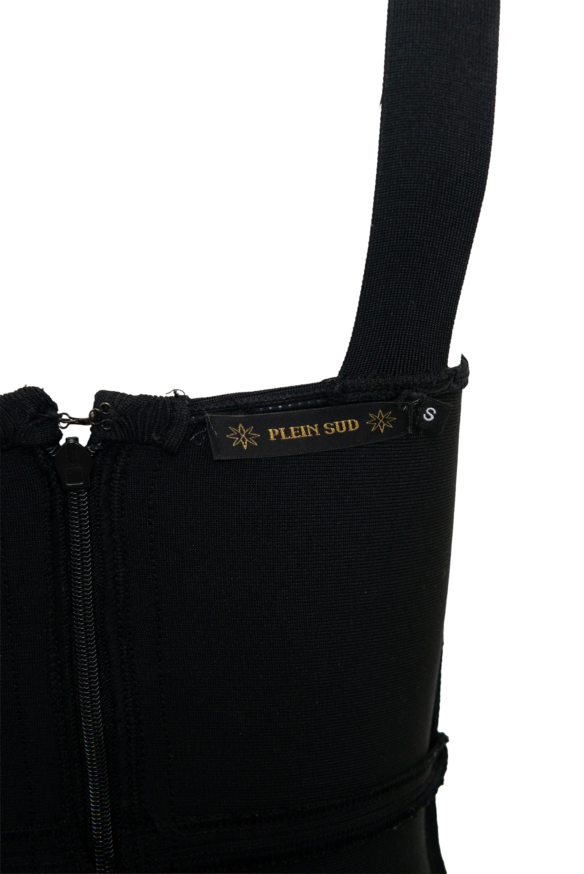 Black dress with 'Plein Sud' brand label on a white background