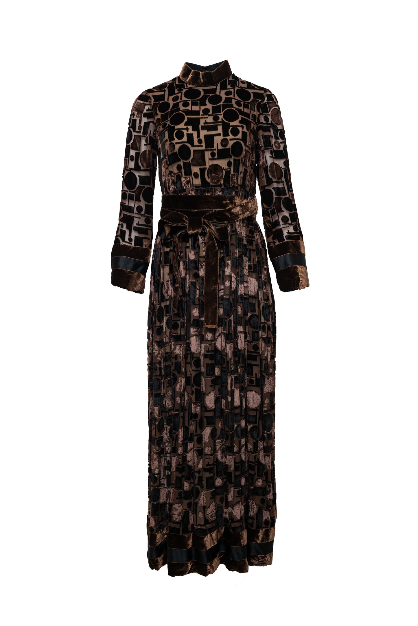 Long-sleeve dress with geometric pattern on a white background