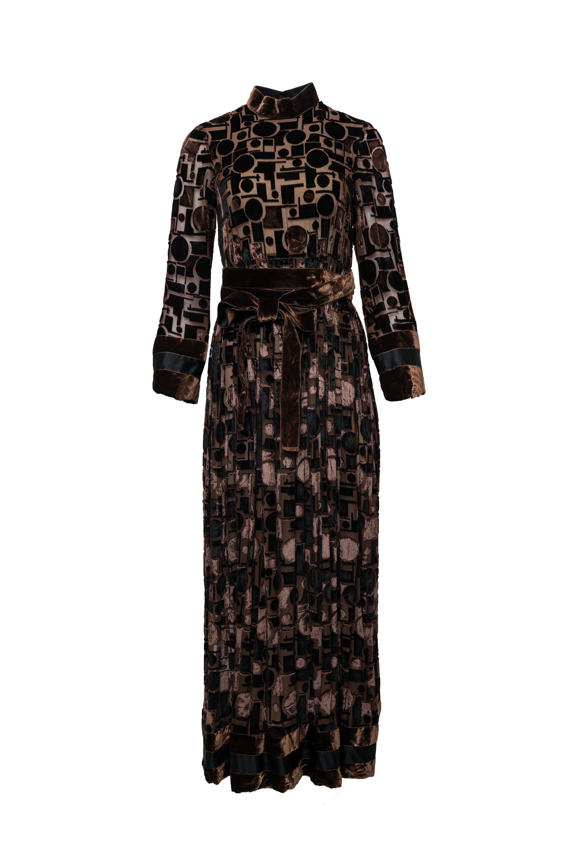 Long-sleeve dress with geometric pattern on a white background