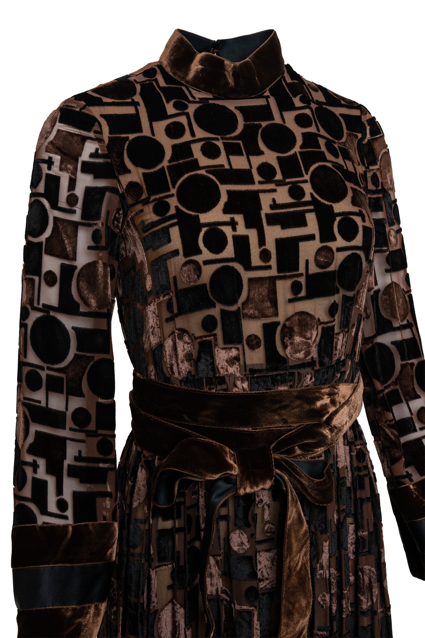 Patterned dress with geometric design on a white background