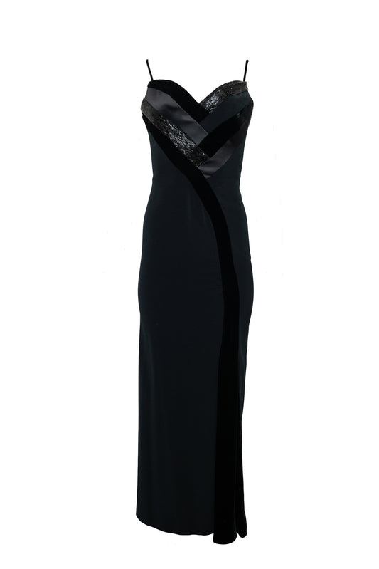 Bob Mackie Black Evening Gown With Velvet & Beaded Trim