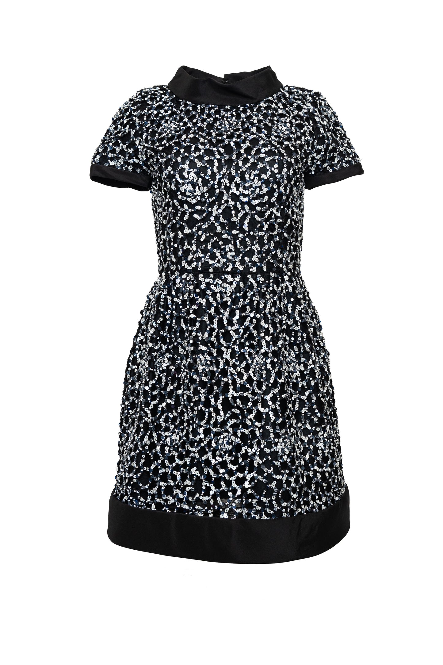Short black sequin short sleeve party dress with collar
