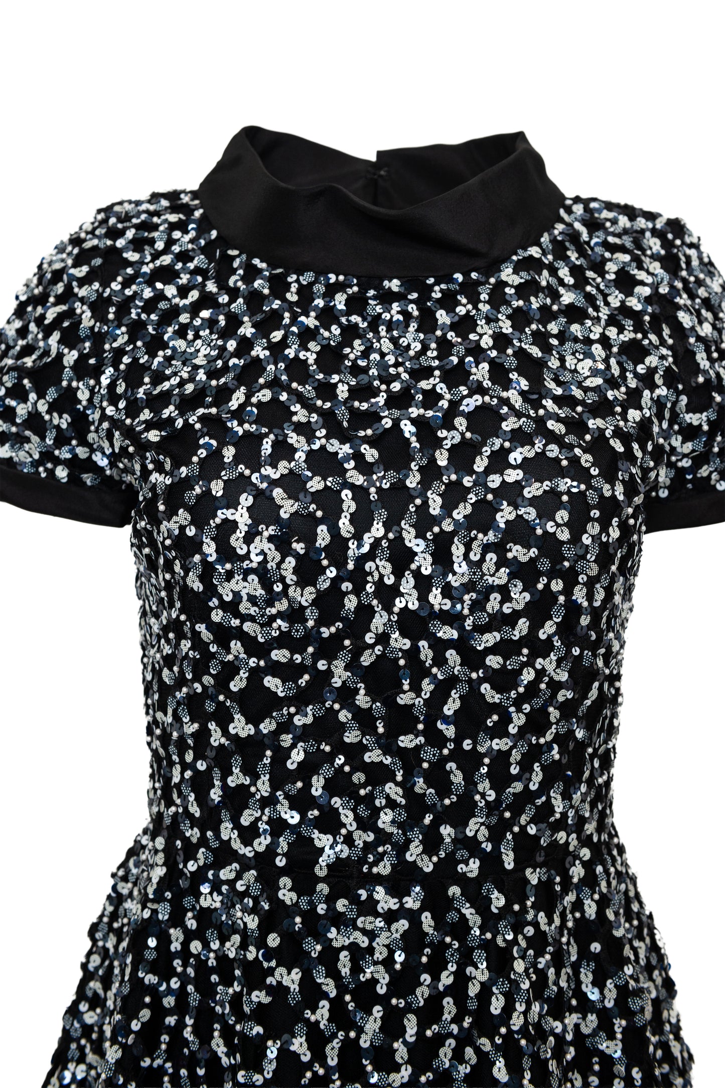 Up close bodice of short sleeve black sequin party dress