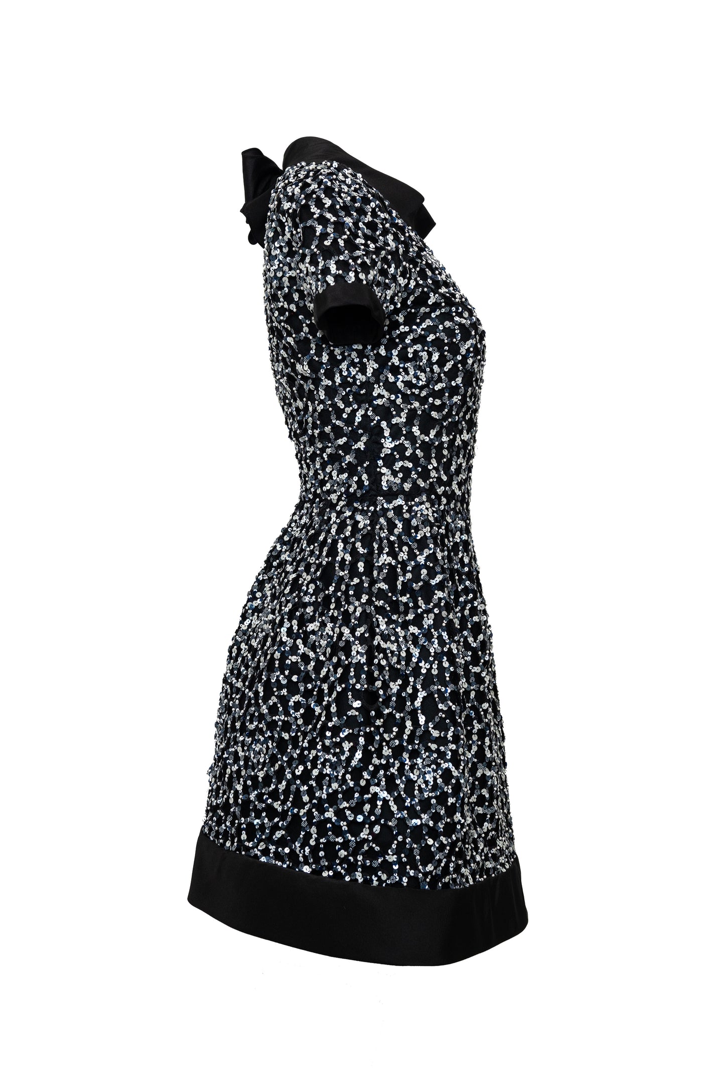 Side view of black short sequin cocktail dress