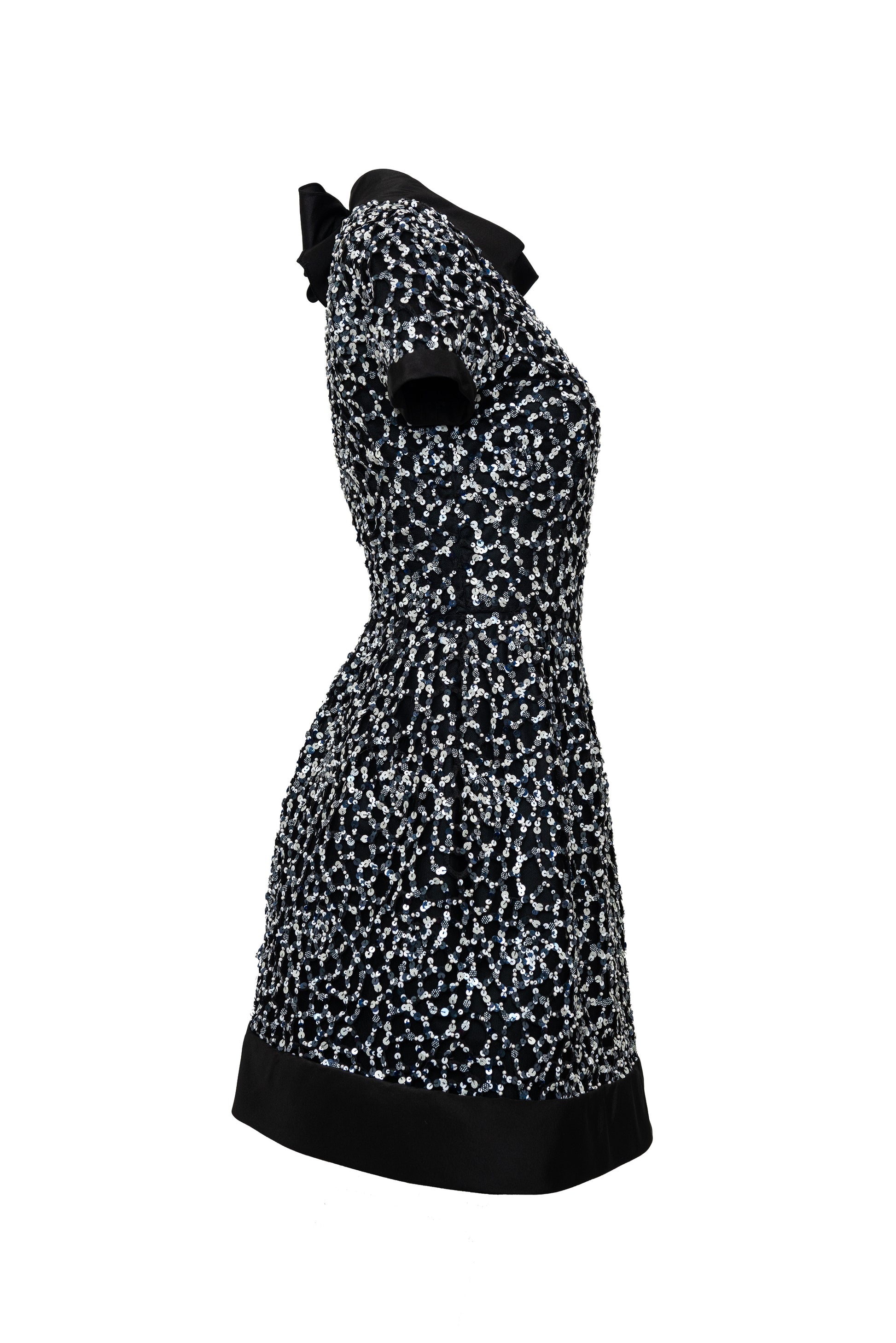 Side view of black short sequin cocktail dress
