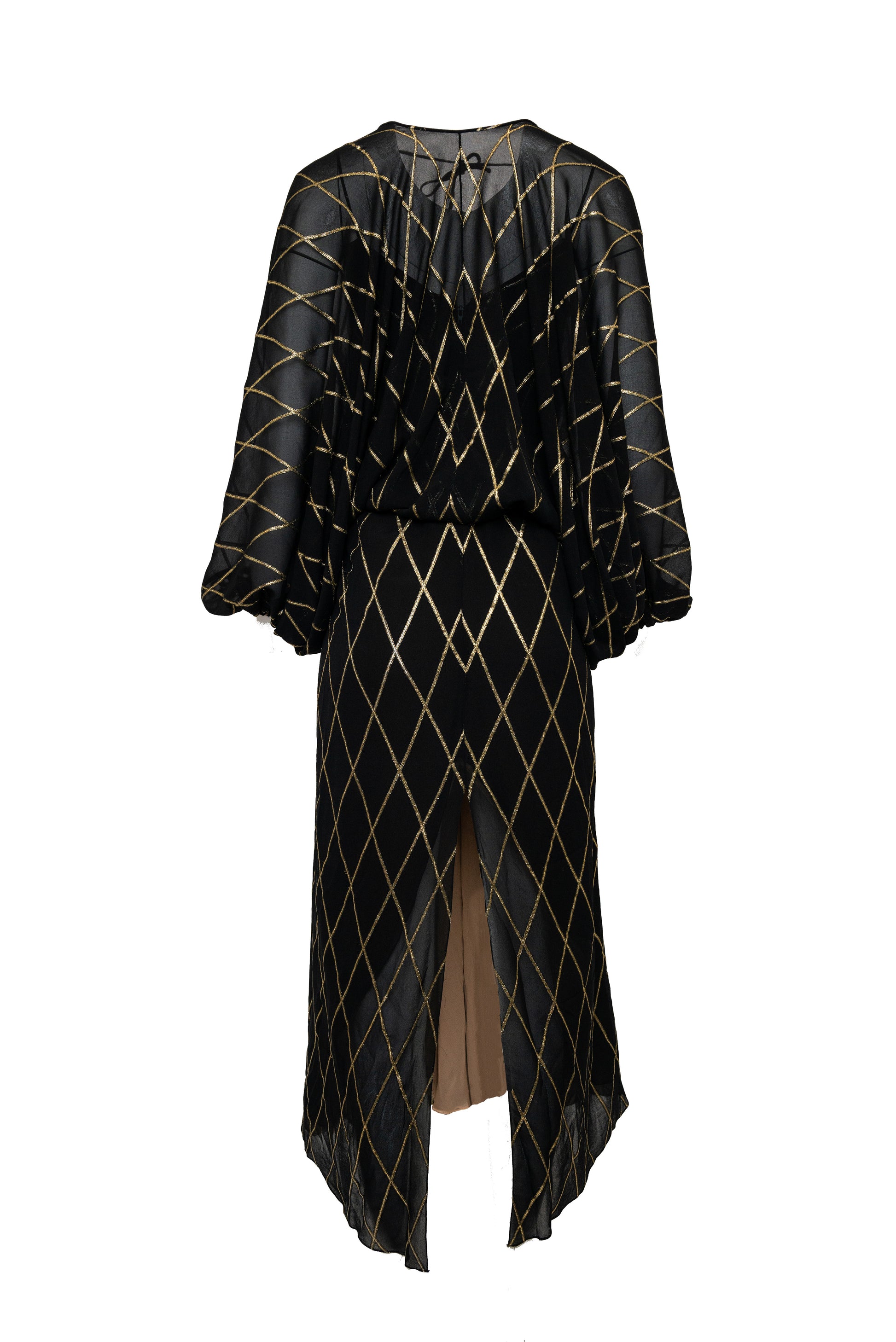 Black dress with gold geometric pattern on a white background