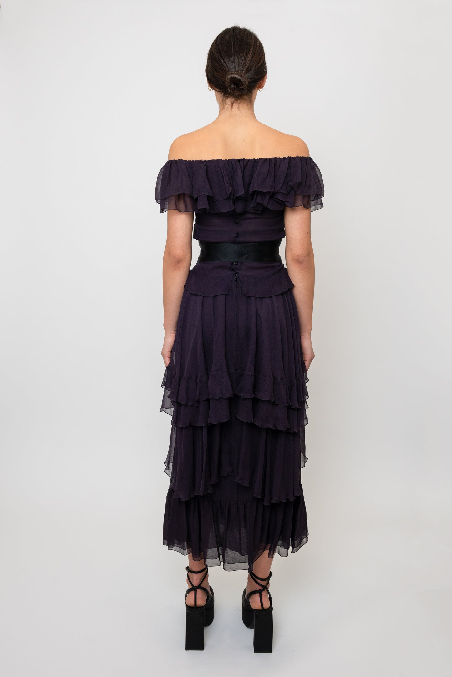 Chanel F/W  2003 Plum Silk Off the Shoulder Ruffle Dropped Waist Dress