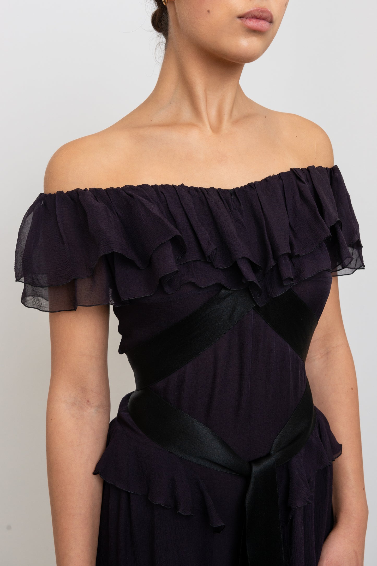 Chanel F/W  2003 Plum Silk Off the Shoulder Ruffle Dropped Waist Dress