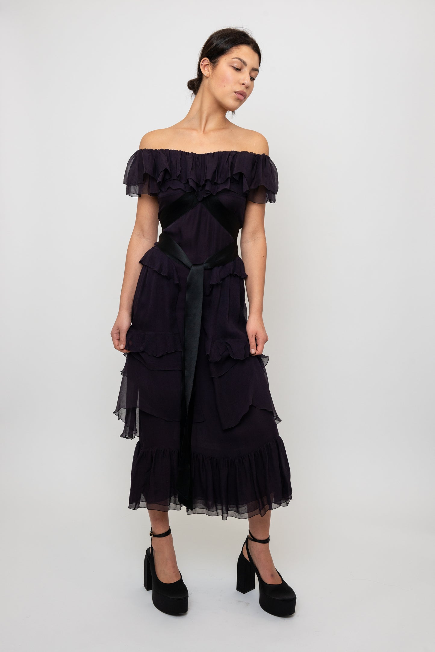 Chanel F/W  2003 Plum Silk Off the Shoulder Ruffle Dropped Waist Dress