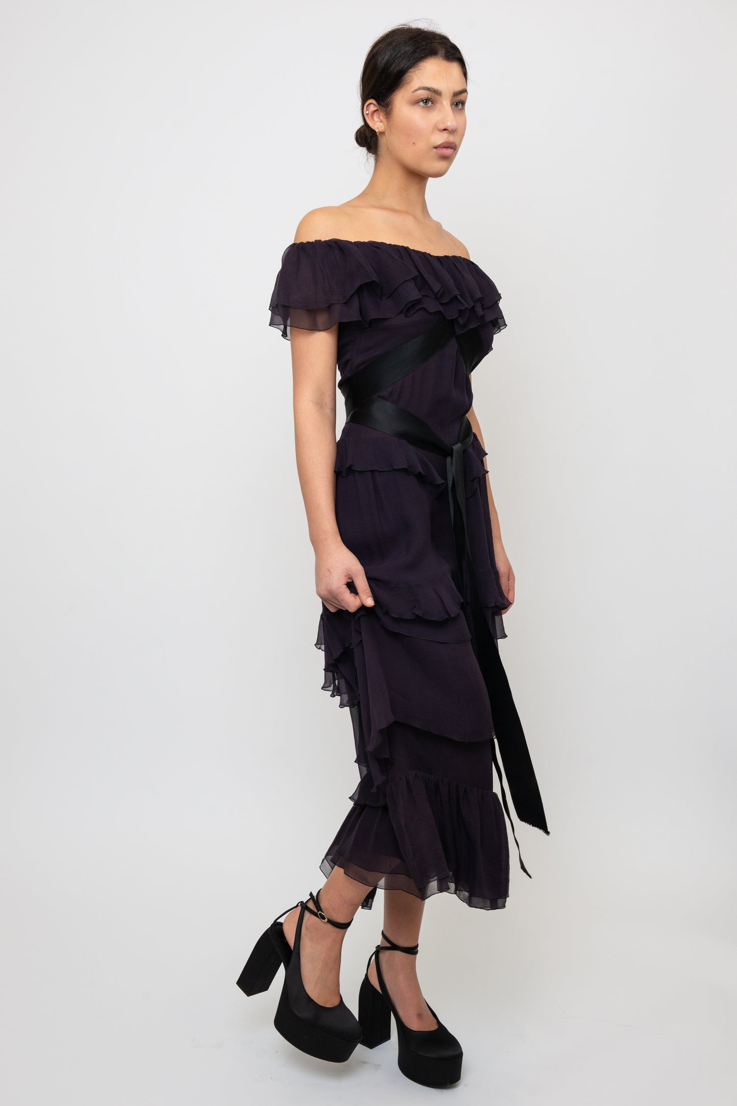 Chanel F/W  2003 Plum Silk Off the Shoulder Ruffle Dropped Waist Dress