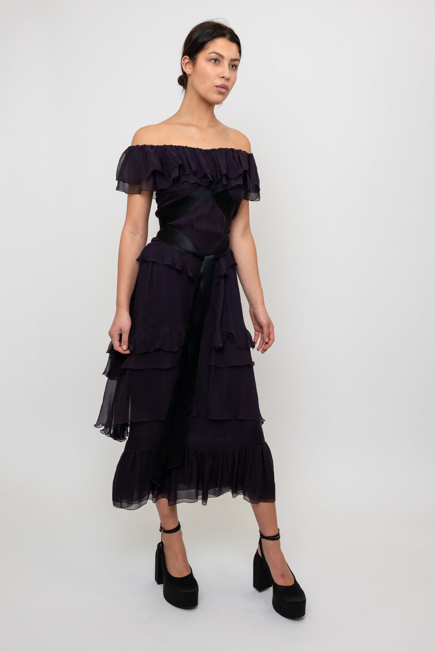 Chanel F/W  2003 Plum Silk Off the Shoulder Ruffle Dropped Waist Dress