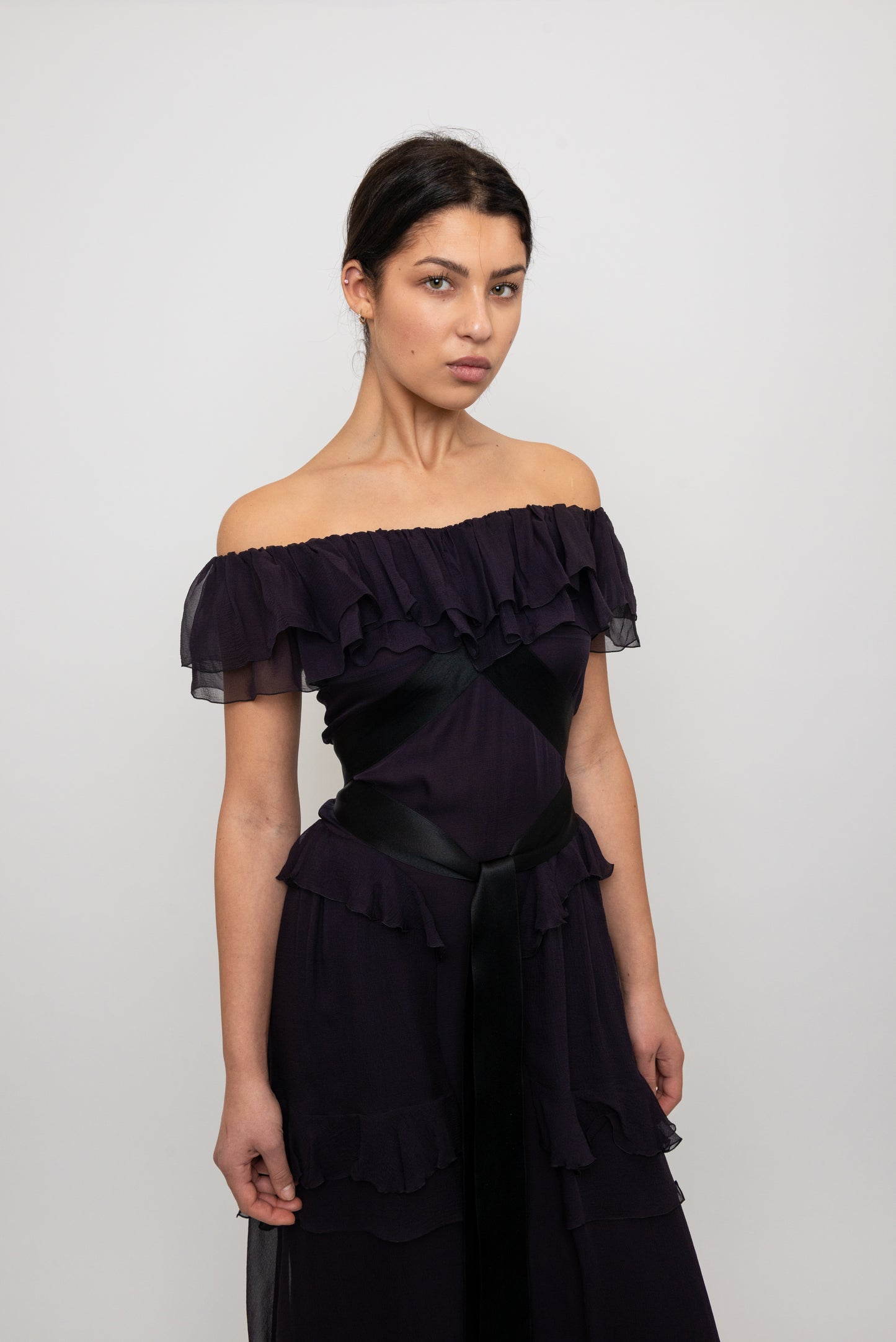 Chanel F/W  2003 Plum Silk Off the Shoulder Ruffle Dropped Waist Dress