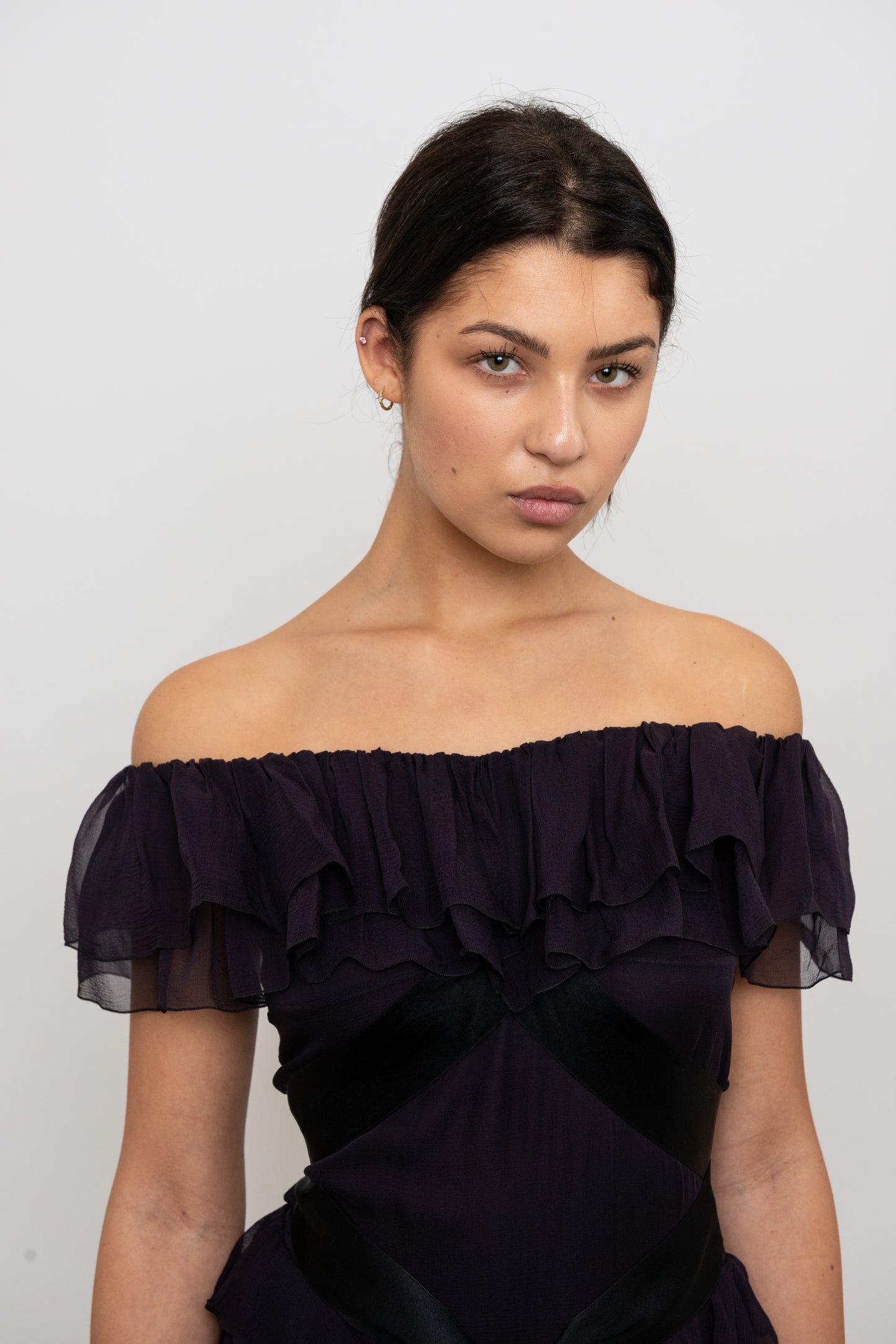 Chanel F/W  2003 Plum Silk Off the Shoulder Ruffle Dropped Waist Dress