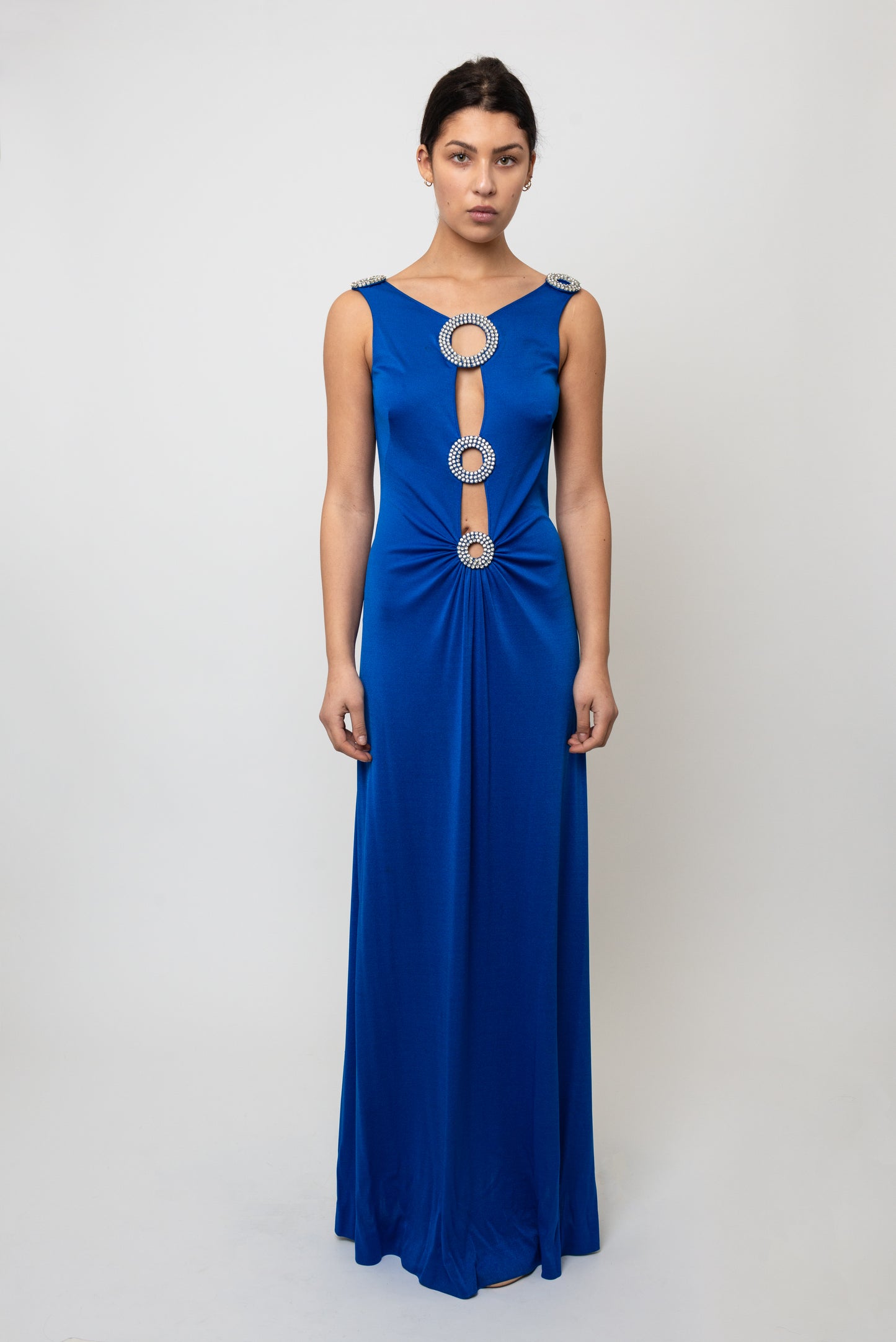 Loris Azzaro 1970's Cobalt Blue Jersey Gown with Crystal Trim Cut Outs and Low Back