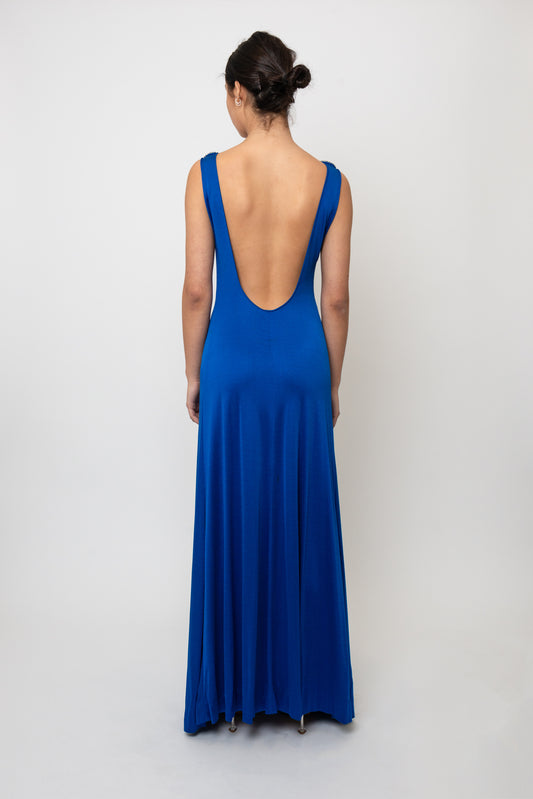 Loris Azzaro 1970's Cobalt Blue Jersey Gown with Crystal Trim Cut Outs and Low Back