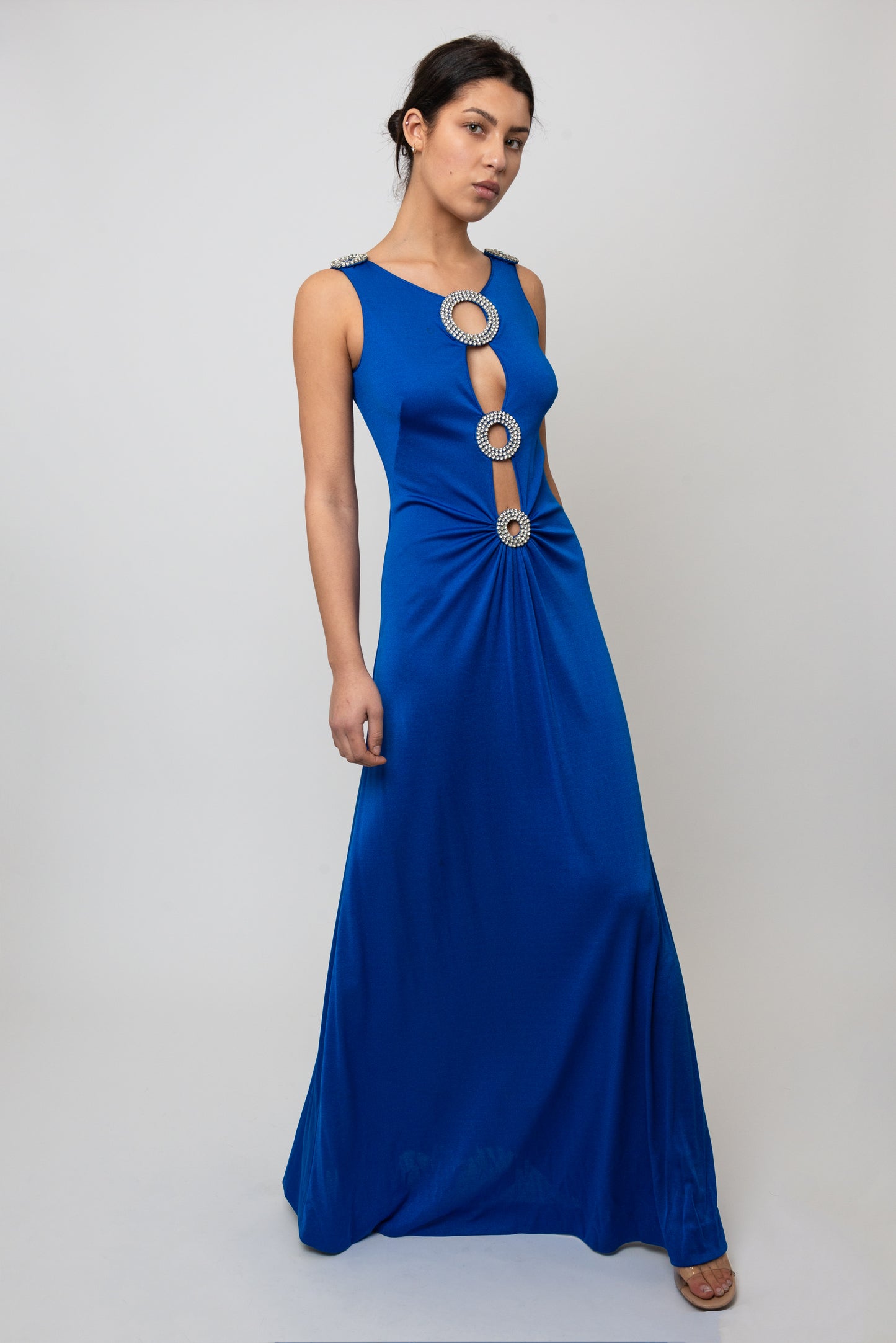 Loris Azzaro 1970's Cobalt Blue Jersey Gown with Crystal Trim Cut Outs and Low Back