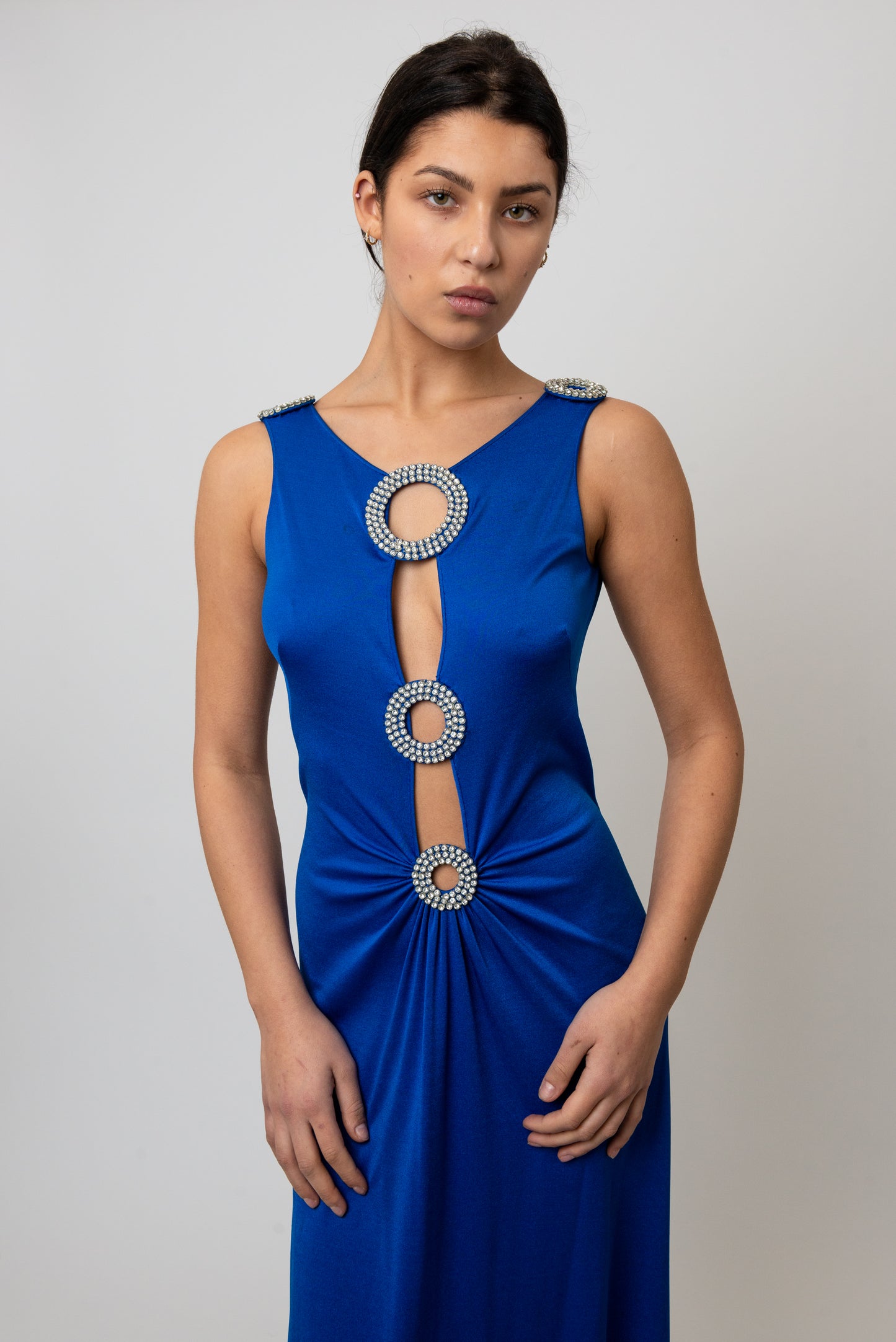 Loris Azzaro 1970's Cobalt Blue Jersey Gown with Crystal Trim Cut Outs and Low Back