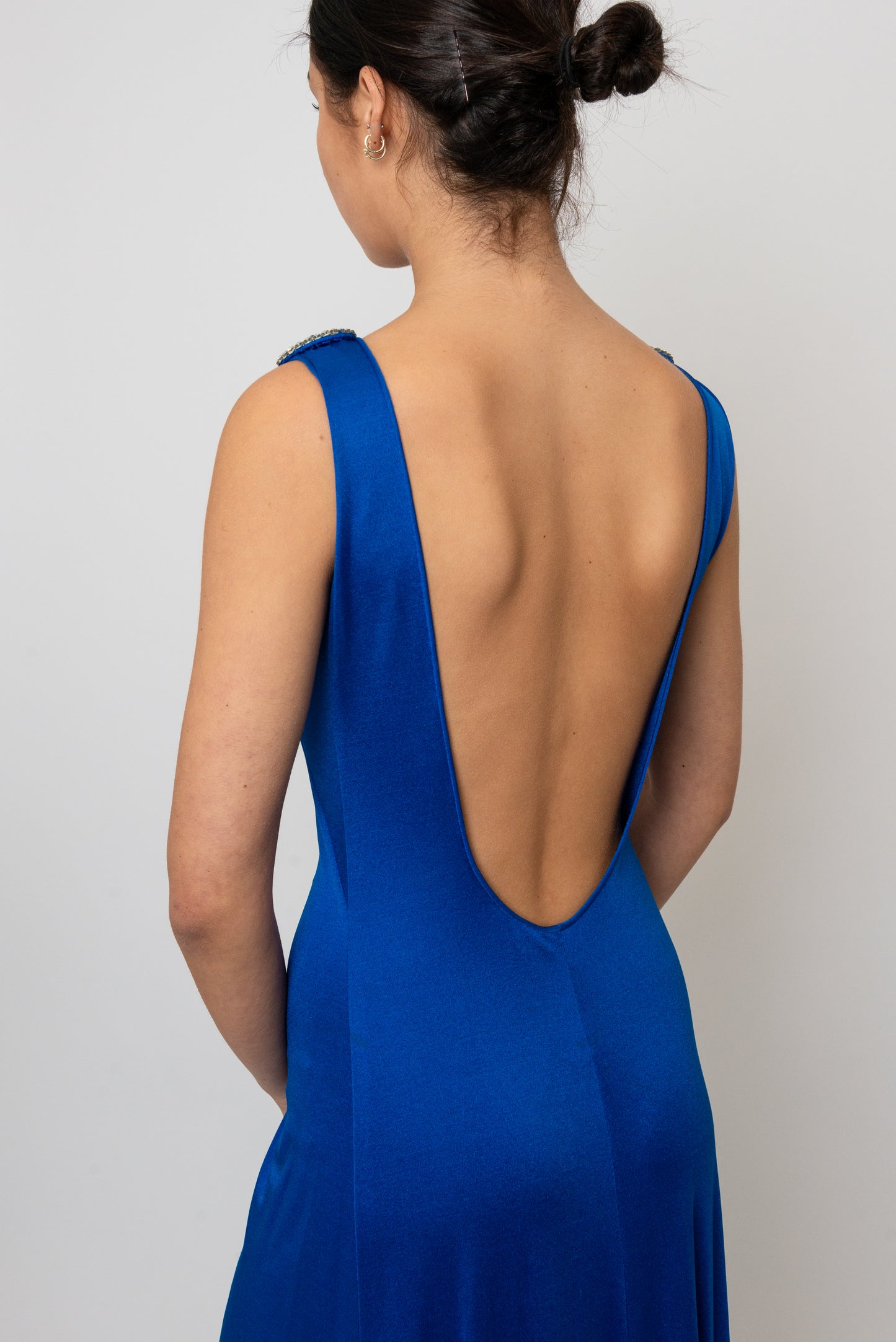 Loris Azzaro 1970's Cobalt Blue Jersey Gown with Crystal Trim Cut Outs and Low Back