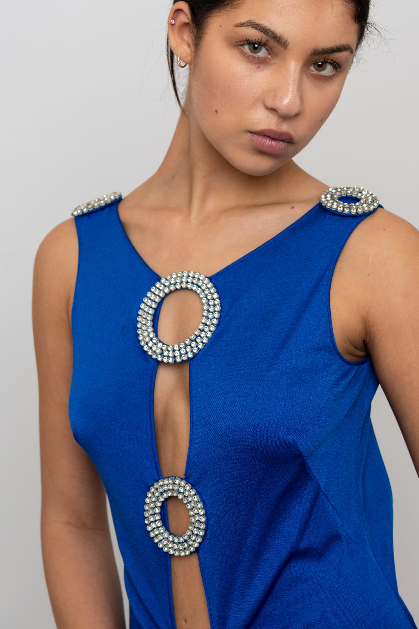 Loris Azzaro 1970's Cobalt Blue Jersey Gown with Crystal Trim Cut Outs and Low Back