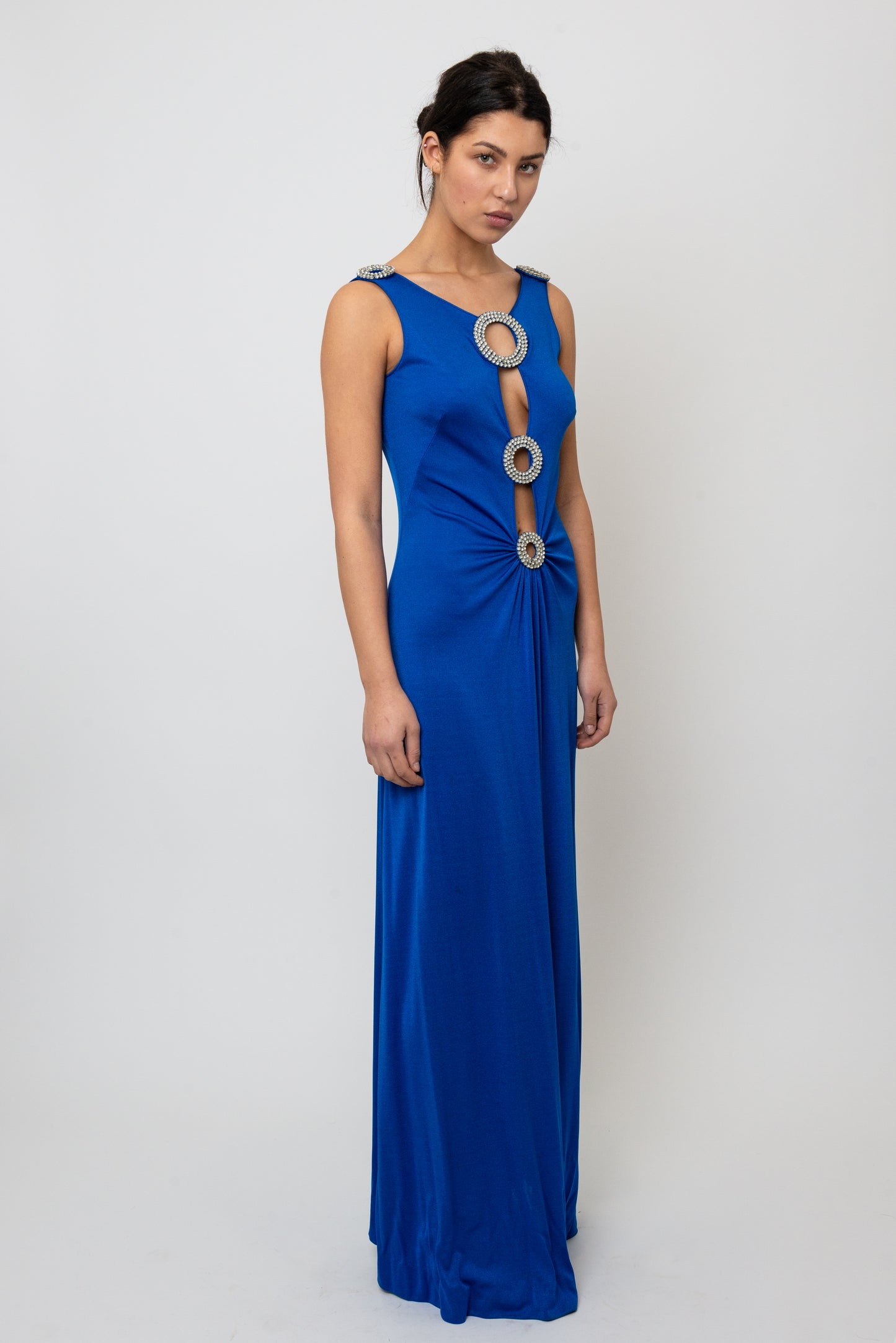 Loris Azzaro 1970's Cobalt Blue Jersey Gown with Crystal Trim Cut Outs and Low Back
