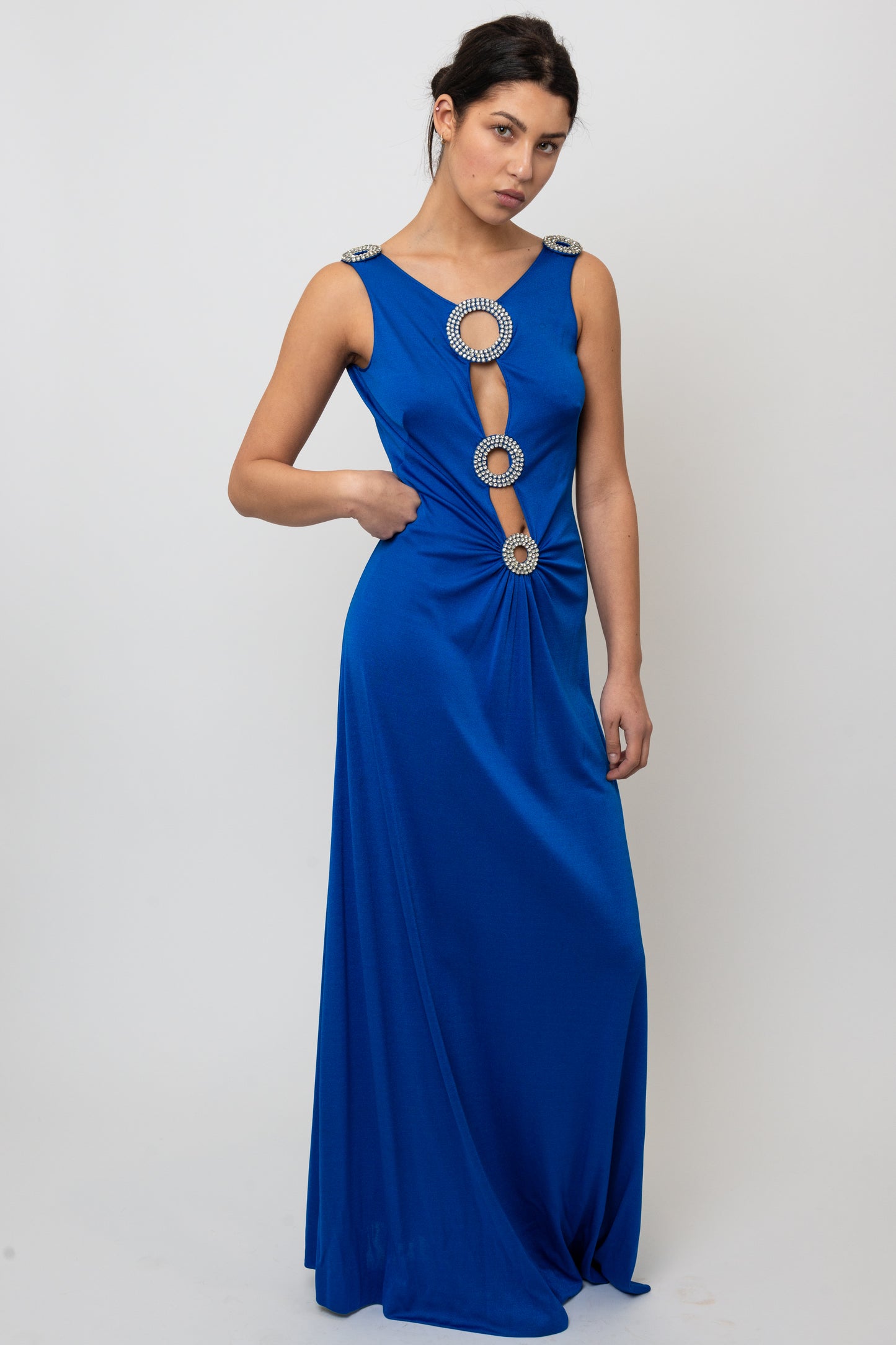 Loris Azzaro 1970's Cobalt Blue Jersey Gown with Crystal Trim Cut Outs and Low Back