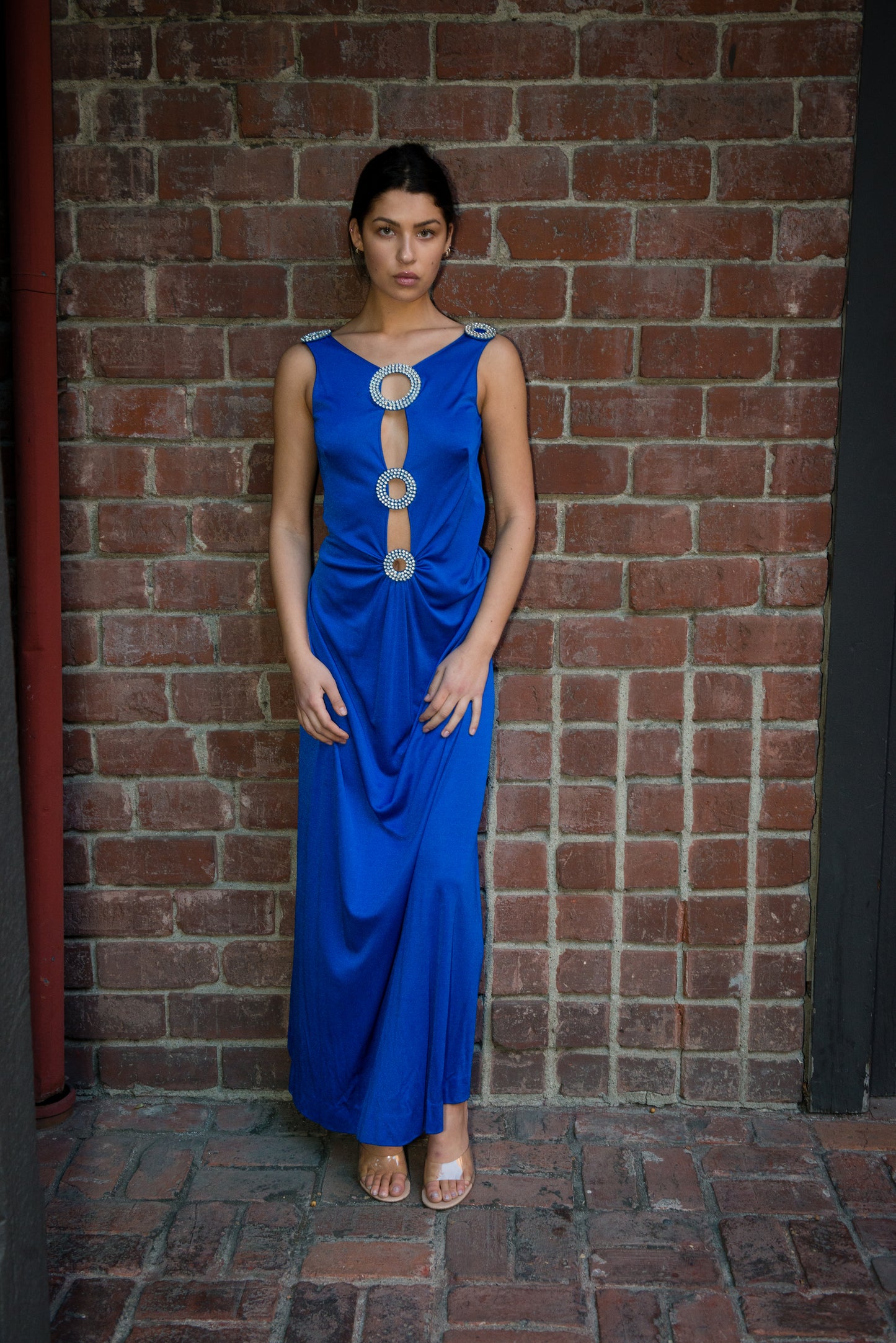 Loris Azzaro 1970's Cobalt Blue Jersey Gown with Crystal Trim Cut Outs and Low Back