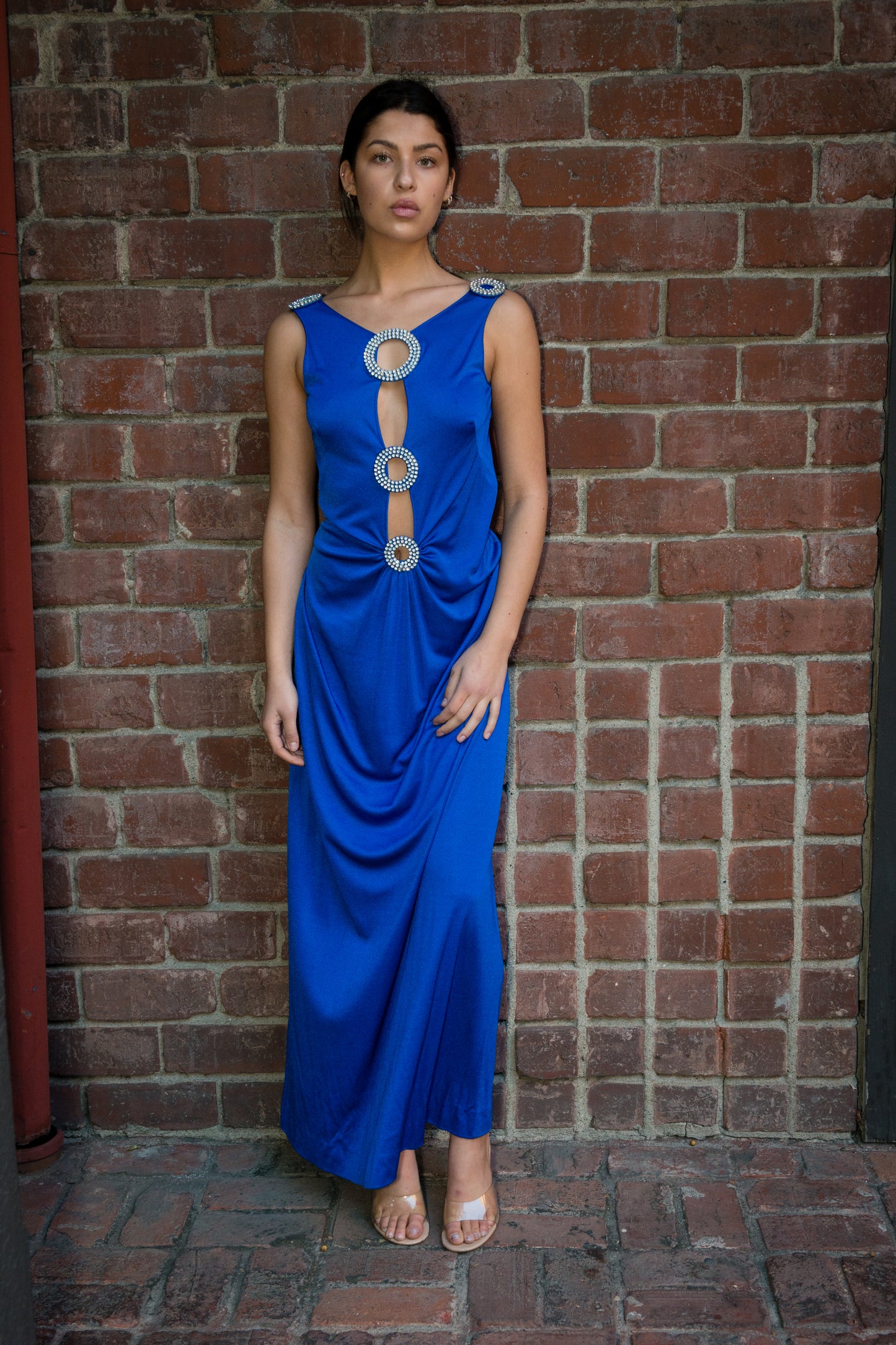 Loris Azzaro 1970's Cobalt Blue Jersey Gown with Crystal Trim Cut Outs and Low Back