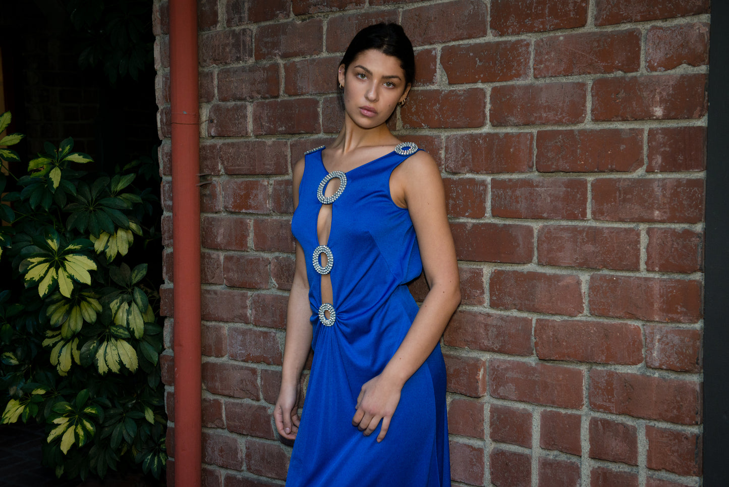 Loris Azzaro 1970's Cobalt Blue Jersey Gown with Crystal Trim Cut Outs and Low Back