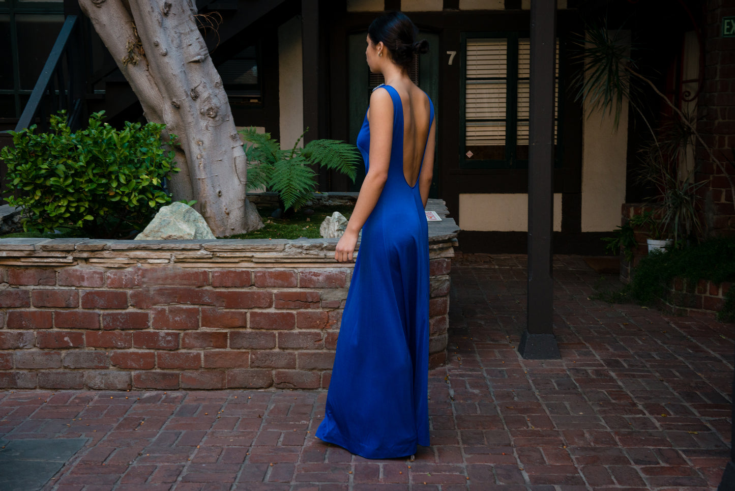 Loris Azzaro 1970's Cobalt Blue Jersey Gown with Crystal Trim Cut Outs and Low Back