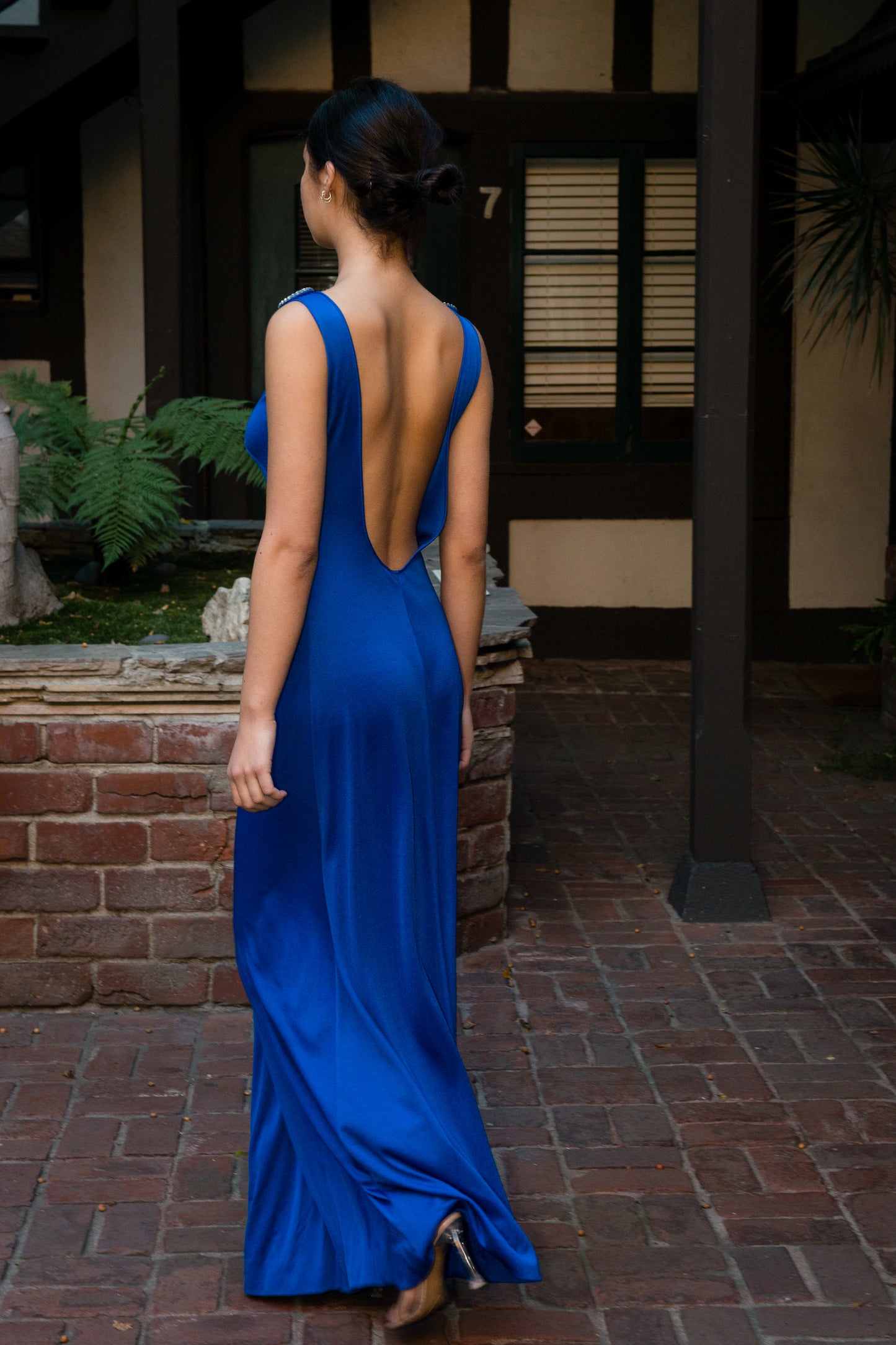 Loris Azzaro 1970's Cobalt Blue Jersey Gown with Crystal Trim Cut Outs and Low Back