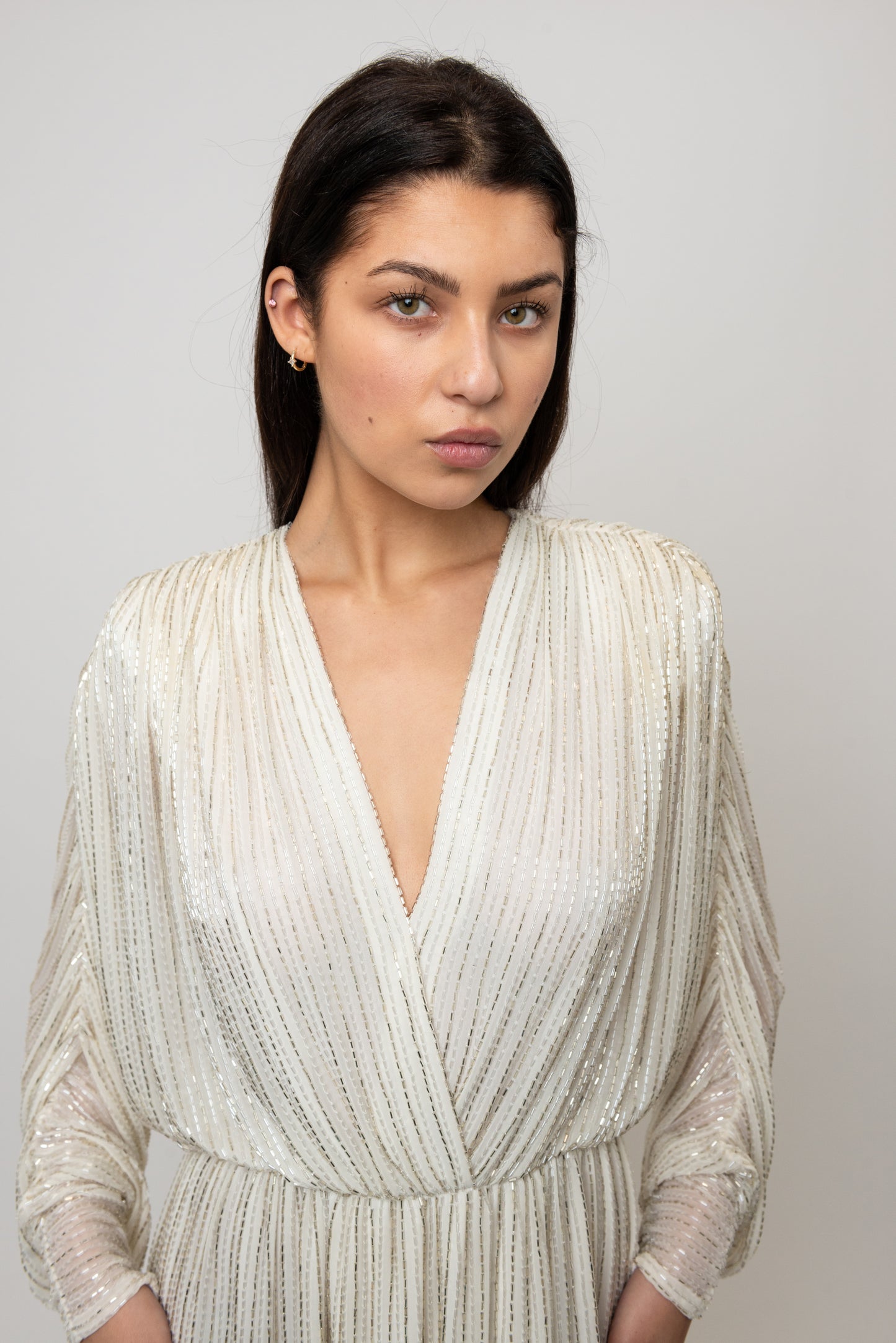 Bob Mackie 1970's White Long Sleeved Fully Beaded Gown