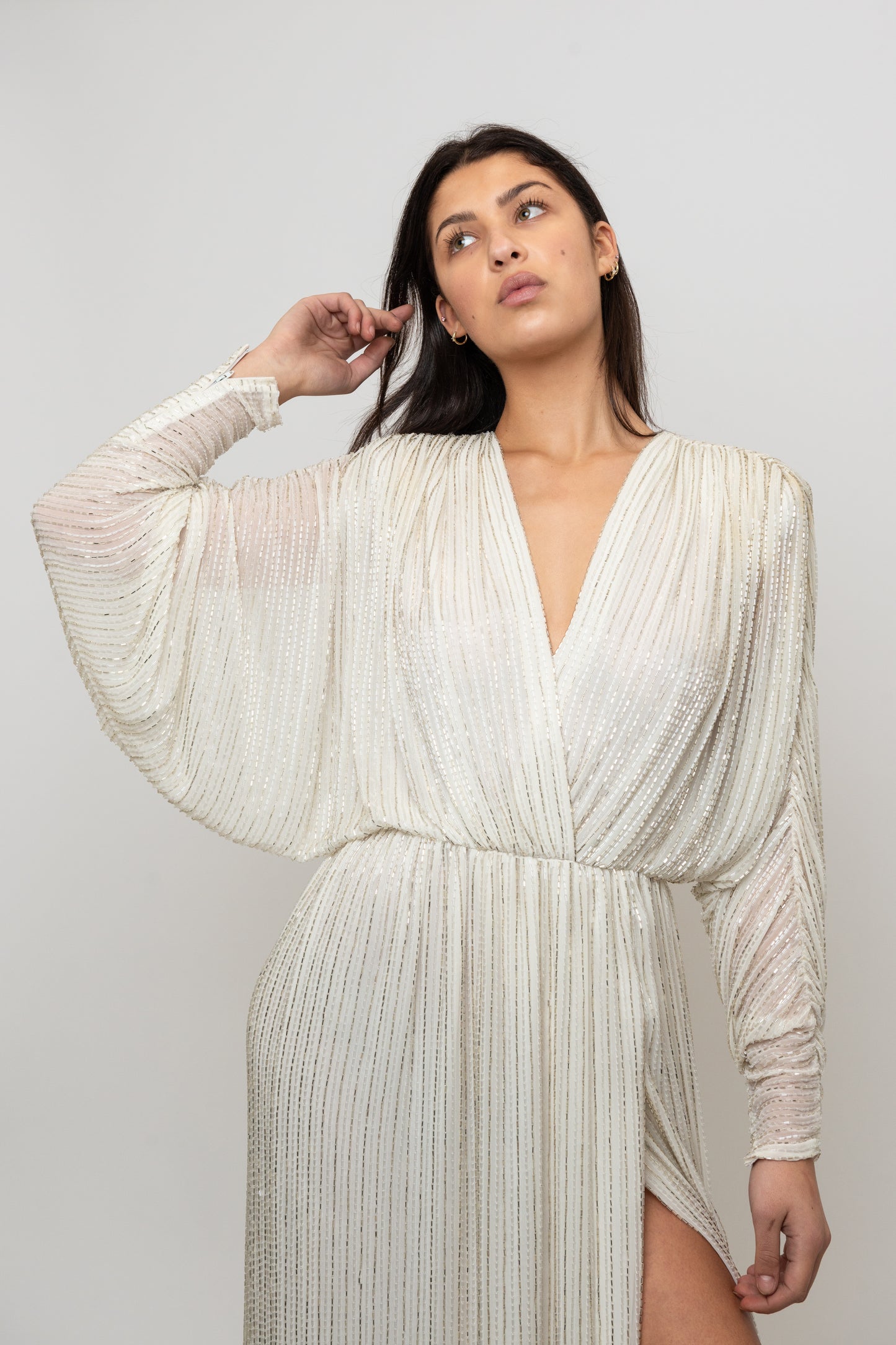 Bob Mackie 1970's White Long Sleeved Fully Beaded Gown