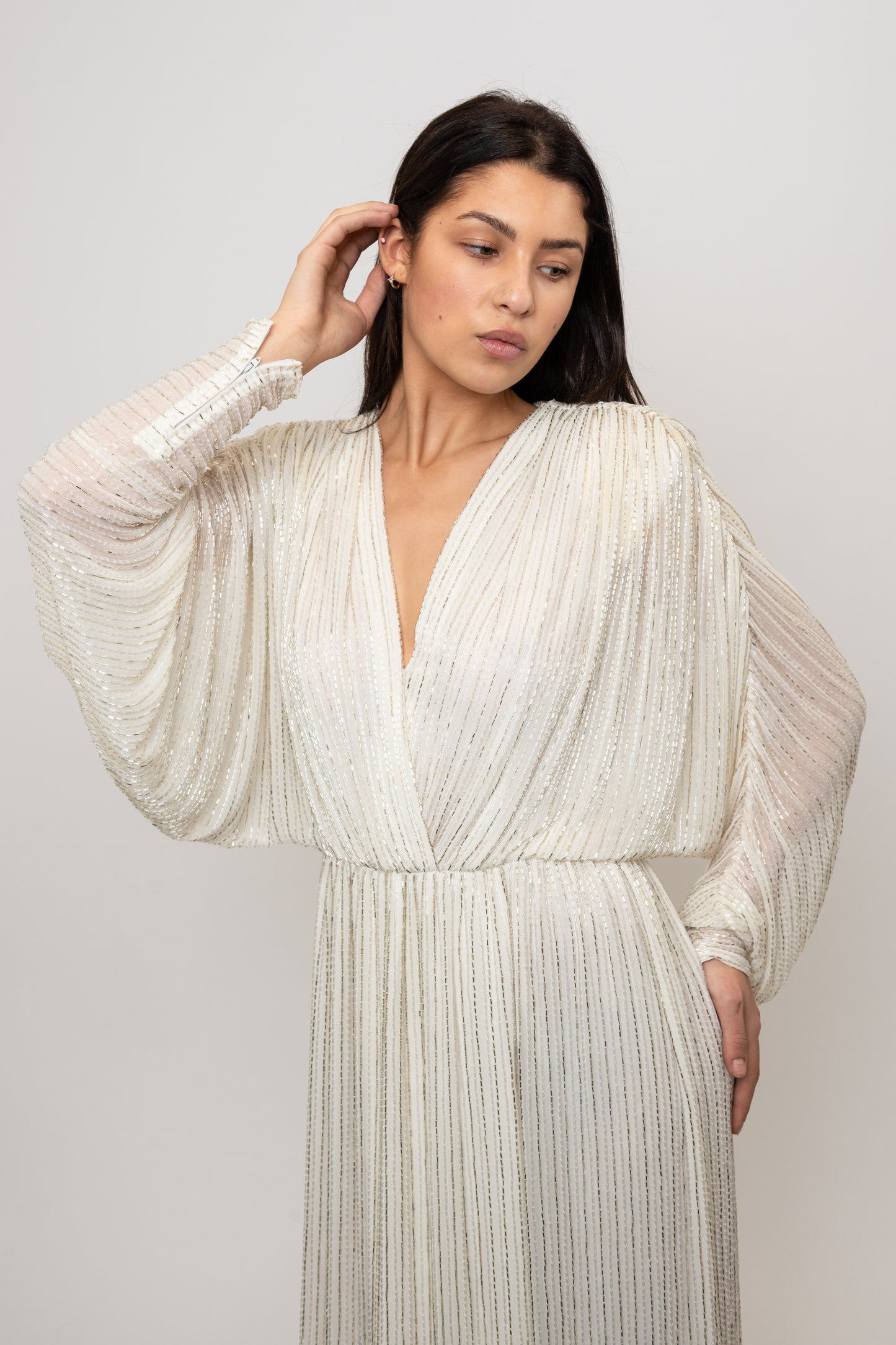 Bob Mackie 1970's White Long Sleeved Fully Beaded Gown