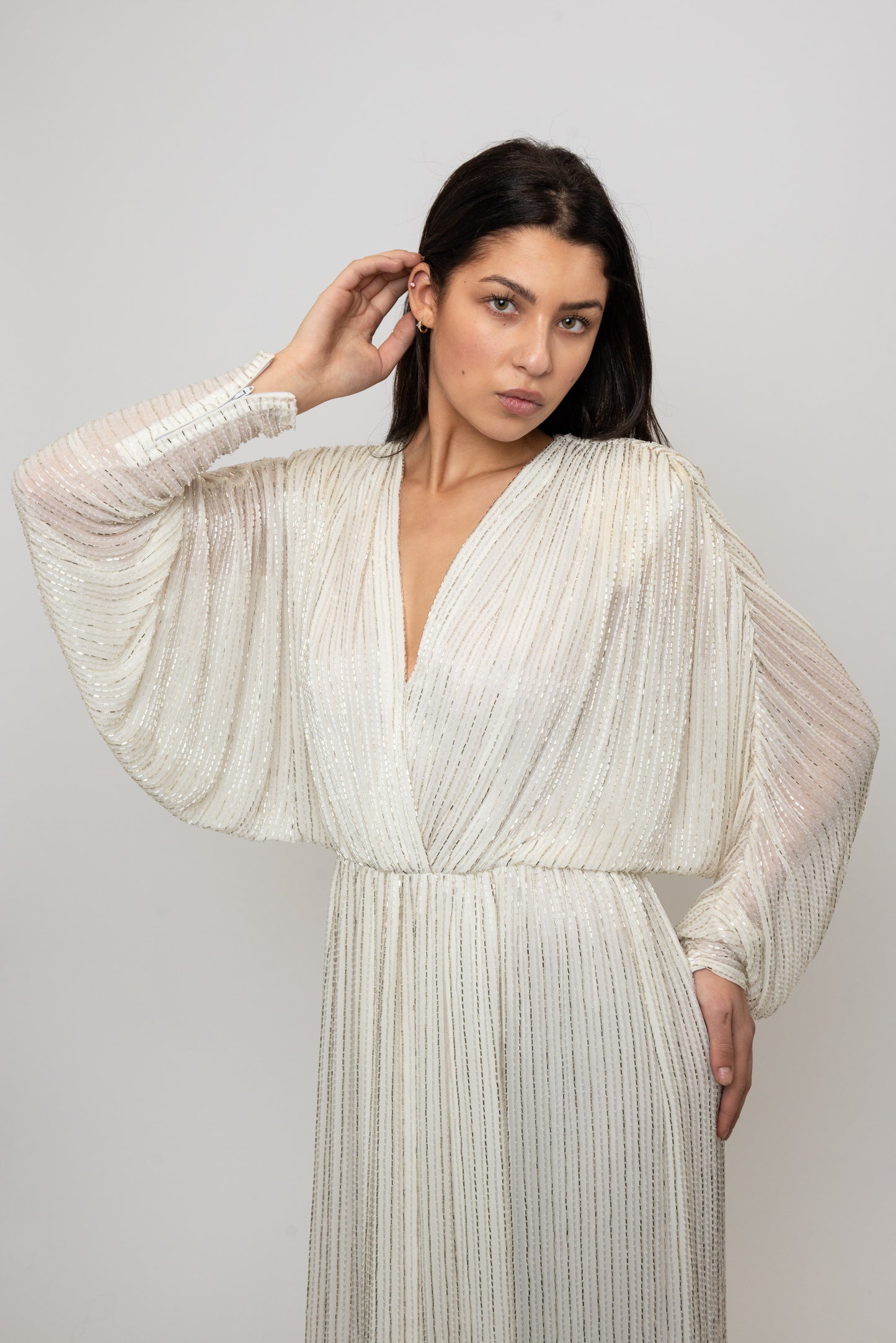 Bob Mackie 1970's White Long Sleeved Fully Beaded Gown