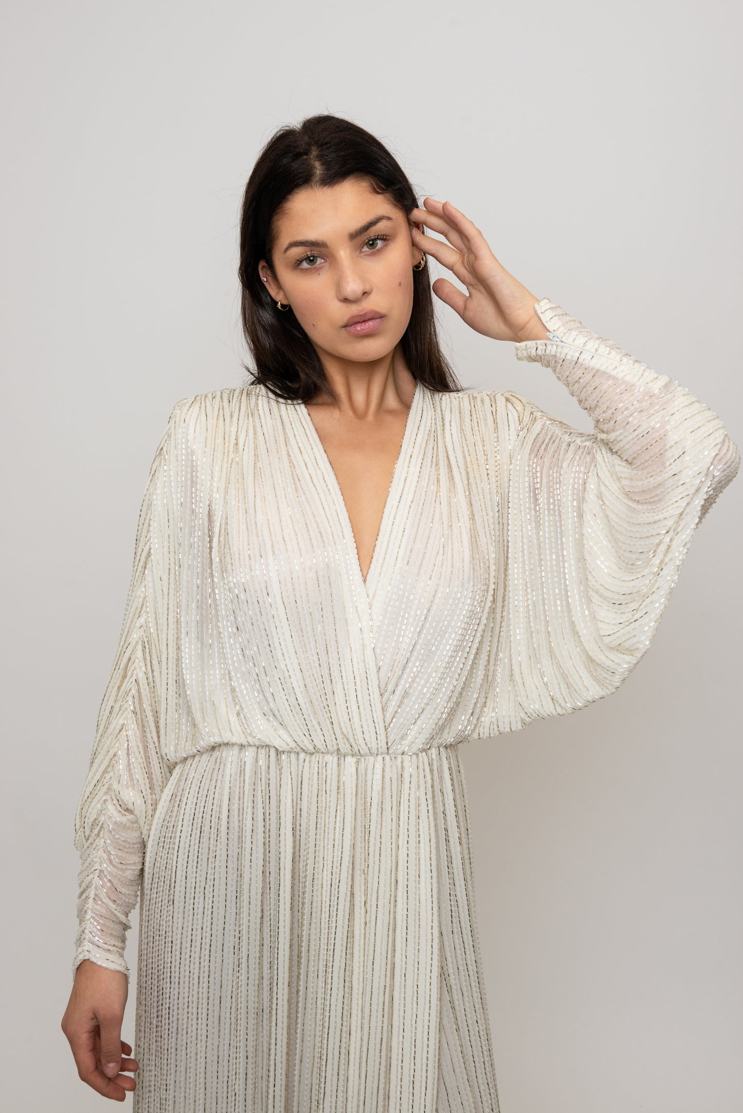 Bob Mackie 1970's White Long Sleeved Fully Beaded Gown