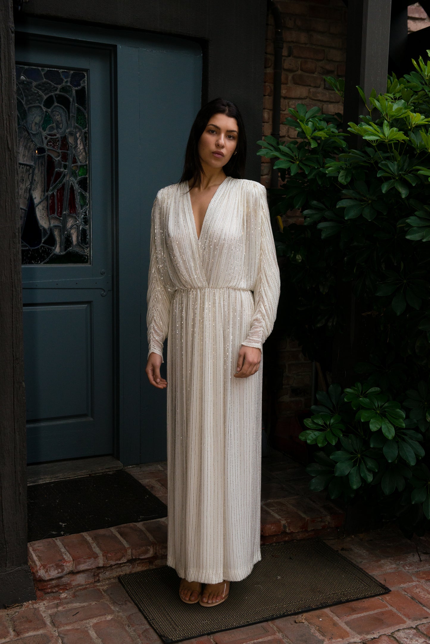 Bob Mackie 1970's White Long Sleeved Fully Beaded Gown