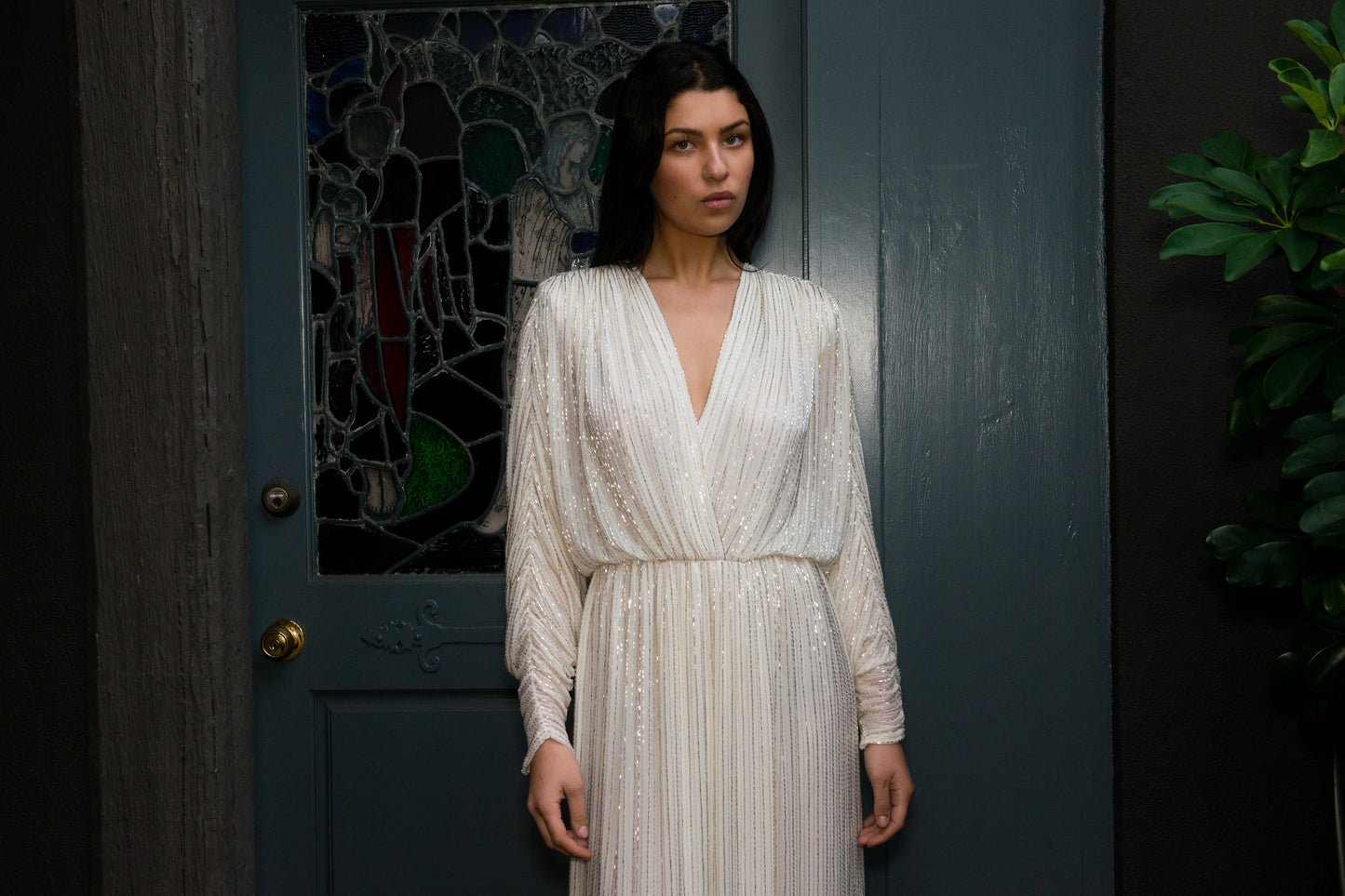 Bob Mackie 1970's White Long Sleeved Fully Beaded Gown