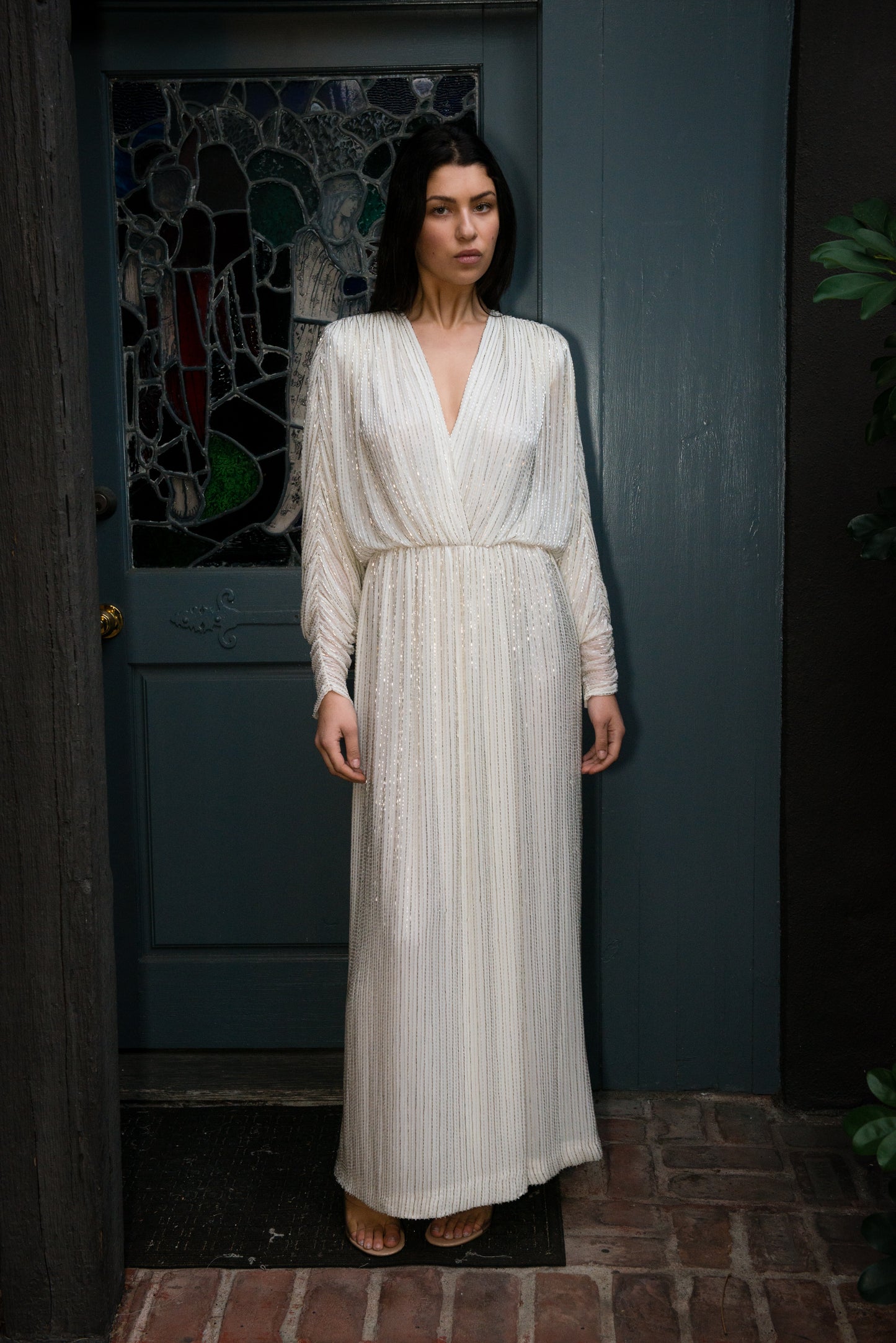 Bob Mackie 1970's White Long Sleeved Fully Beaded Gown