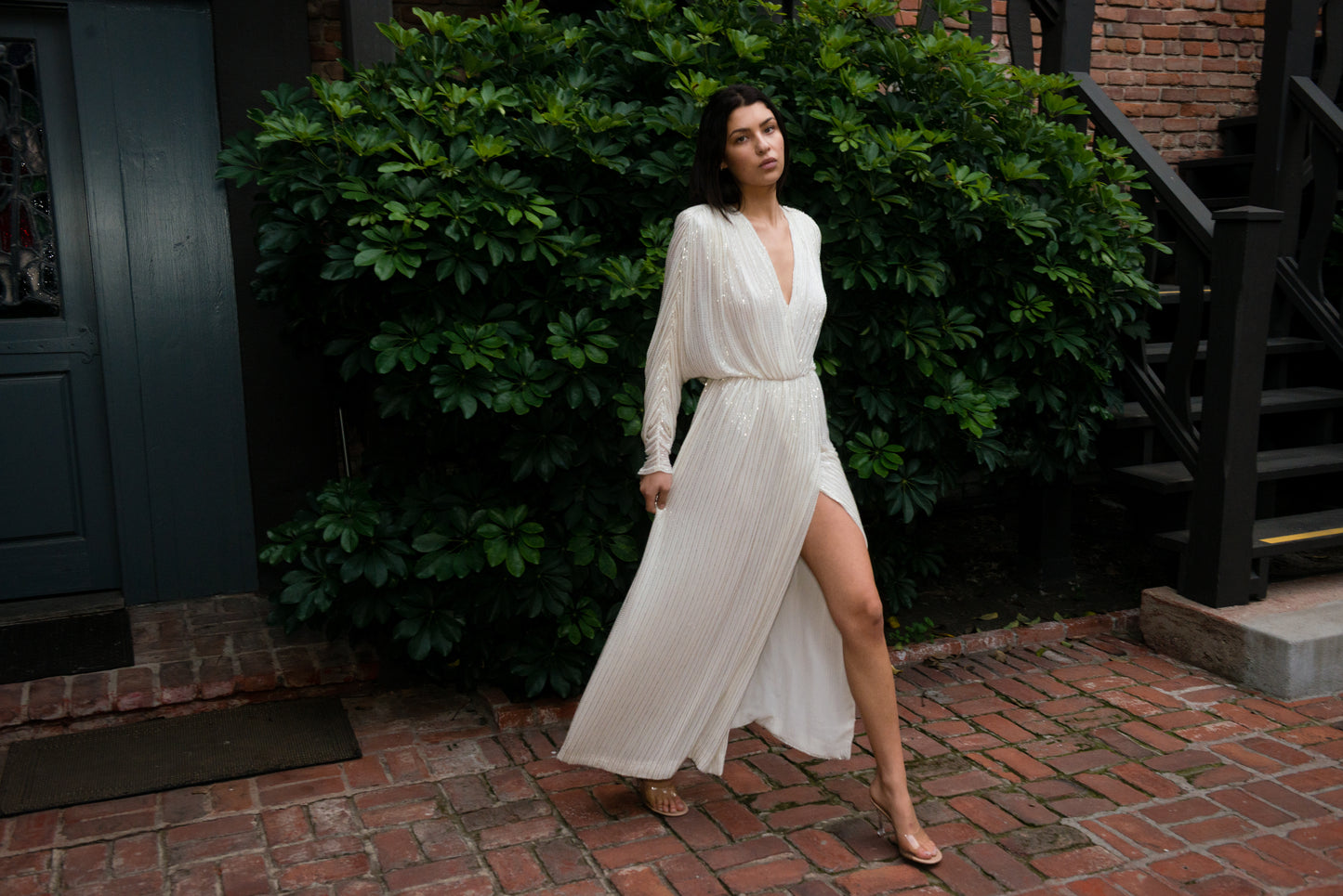 Bob Mackie 1970's White Long Sleeved Fully Beaded Gown