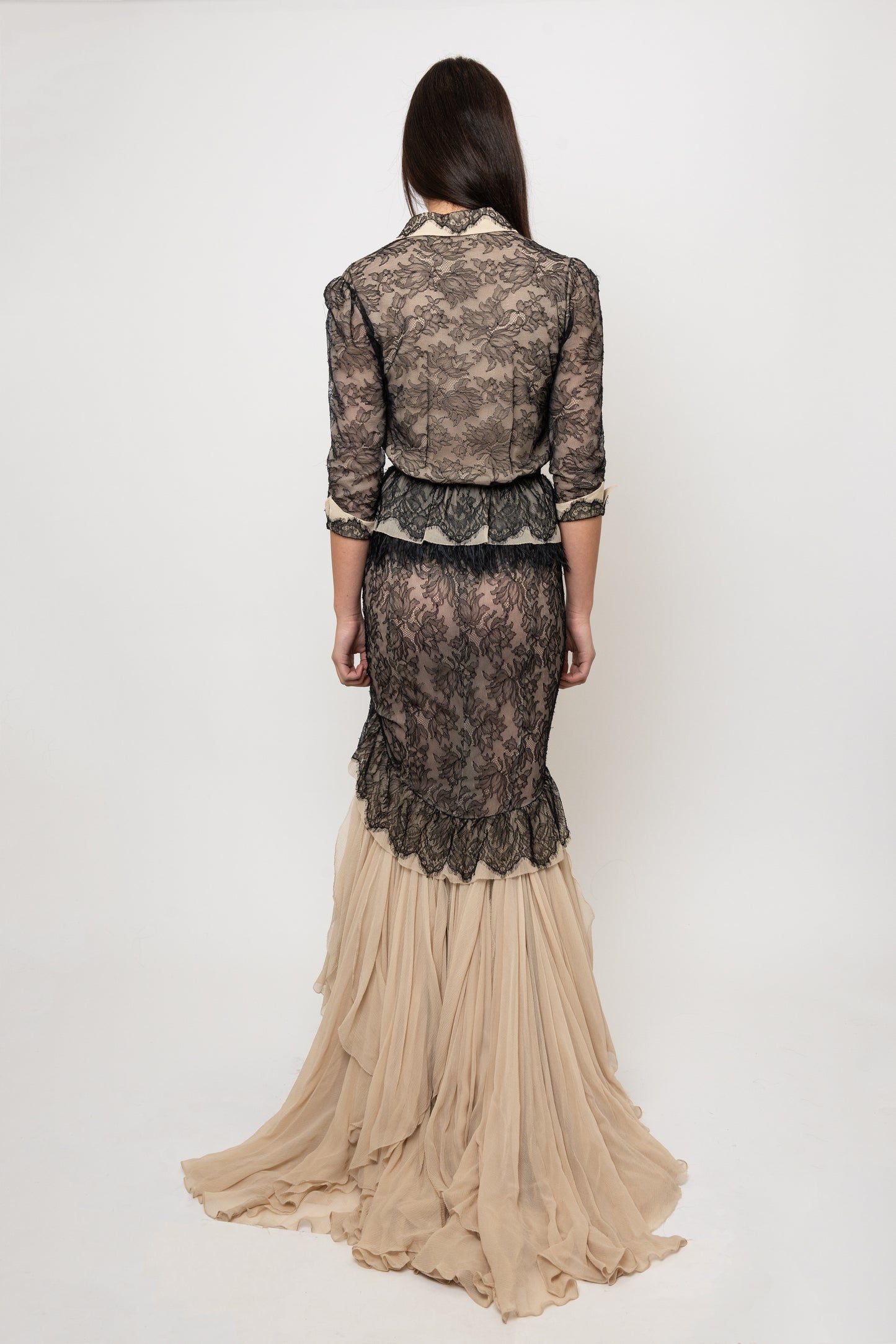 Jenny Packham Nude Gown With Black Lace Trim