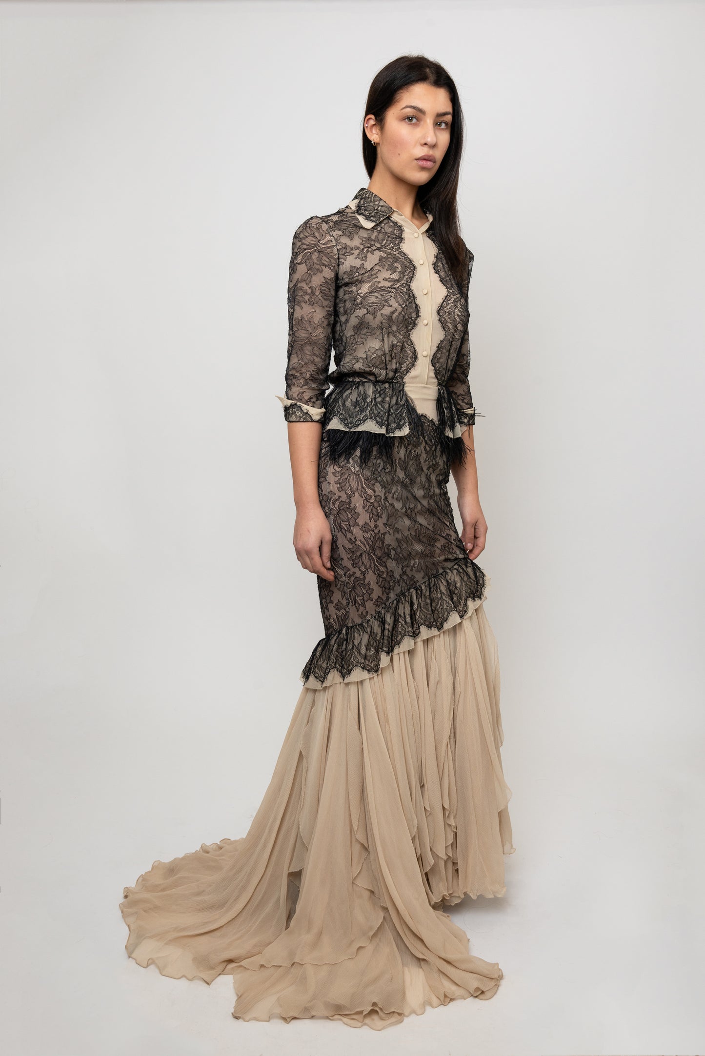 Jenny Packham Nude Gown With Black Lace Trim
