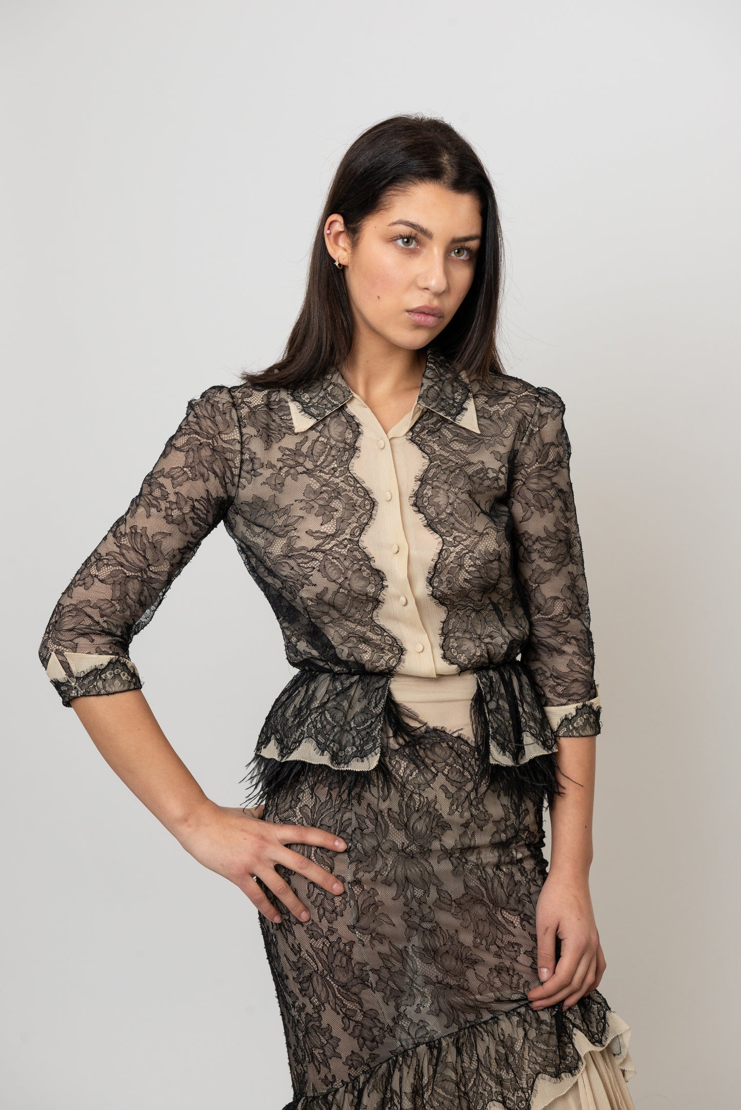 Jenny Packham Nude Gown With Black Lace Trim