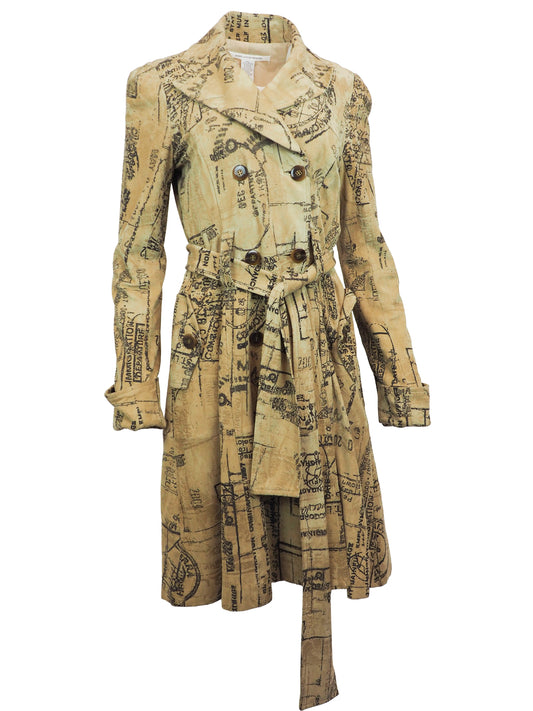 A beige trench coat with an all-over black vintage map and script print, featuring a double-breasted design with brown buttons and a matching waist tie, shown against a plain white background.