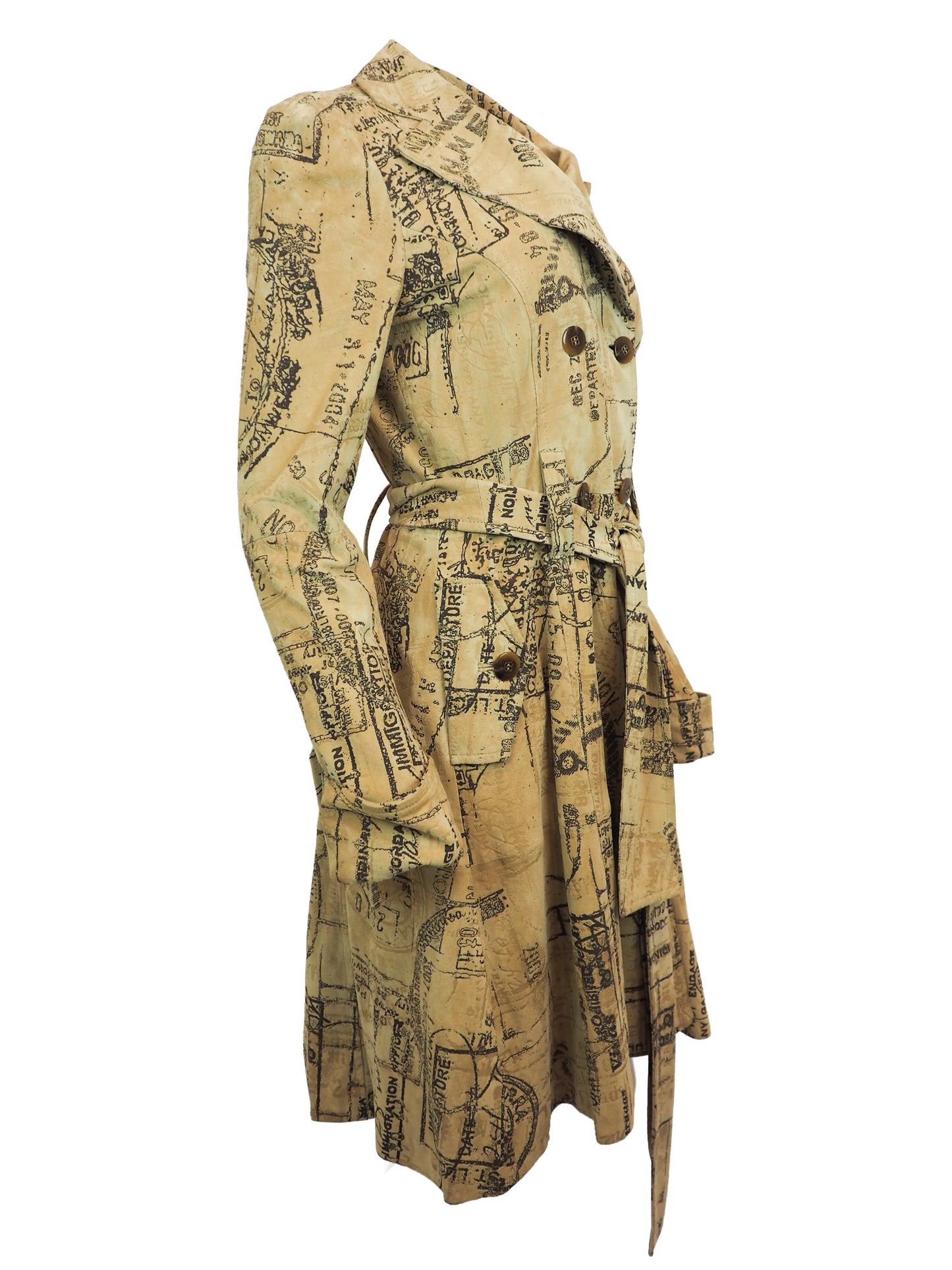 A Diane Von Furstenberg beige trench coat with an all-over black vintage map and script print, featuring a double-breasted design with brown buttons and a matching waist tie, shown against a plain white background.