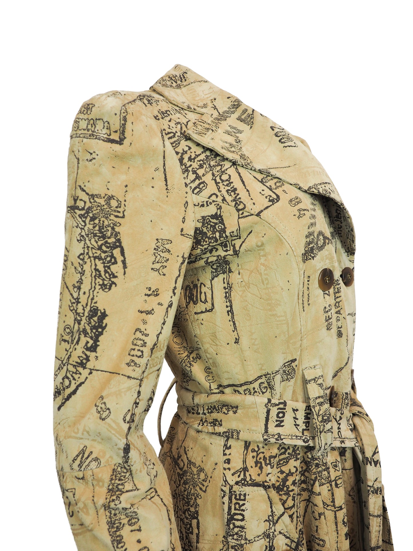 A Diane Von Furstenberg beige trench coat with an all-over black vintage map and script print, featuring a double-breasted design with brown buttons and a matching waist tie, shown against a plain white background.