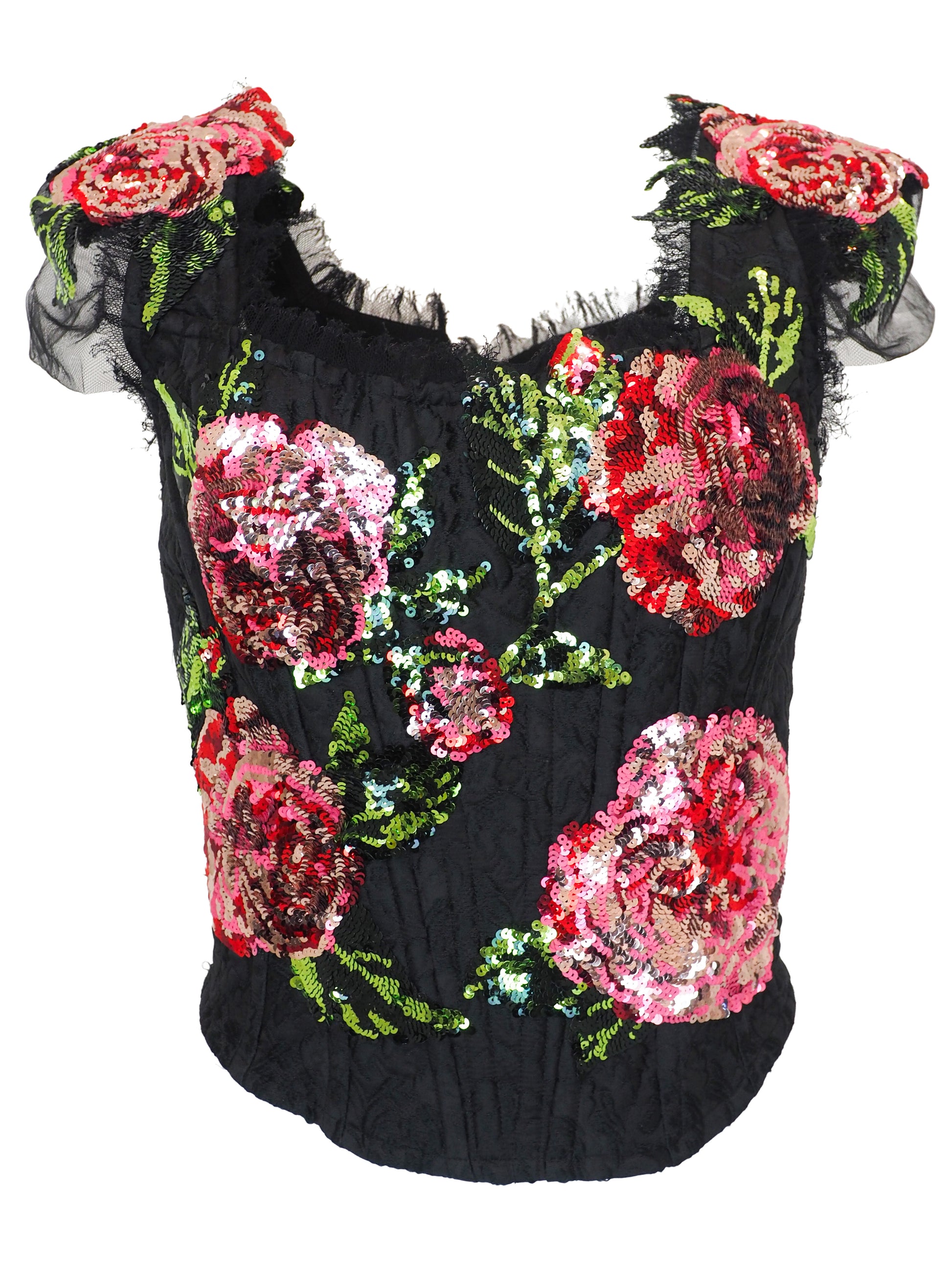 A Vintage dolce and Gabbana 2017 black sequined crop top featuring large pink and red floral sequin patterns with green sequin leaves, sheer ruffled cap sleeves, and a mesh  neckline.