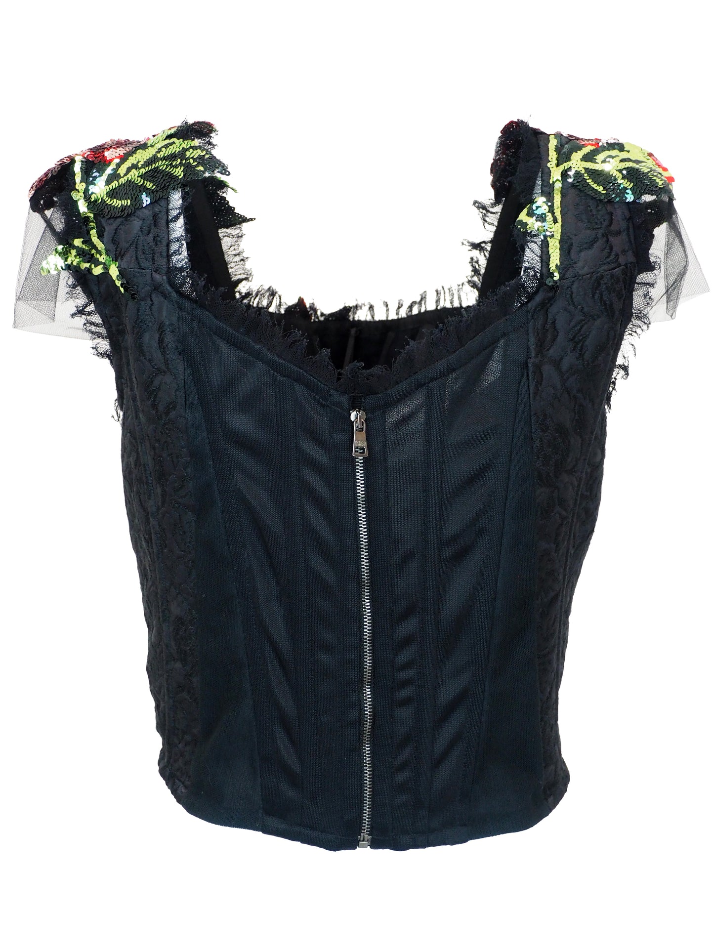 A Vintage dolce and Gabbana 2017 black sequined crop top featuring large pink and red floral sequin patterns with green sequin leaves, sheer ruffled cap sleeves, and a mesh  neckline.