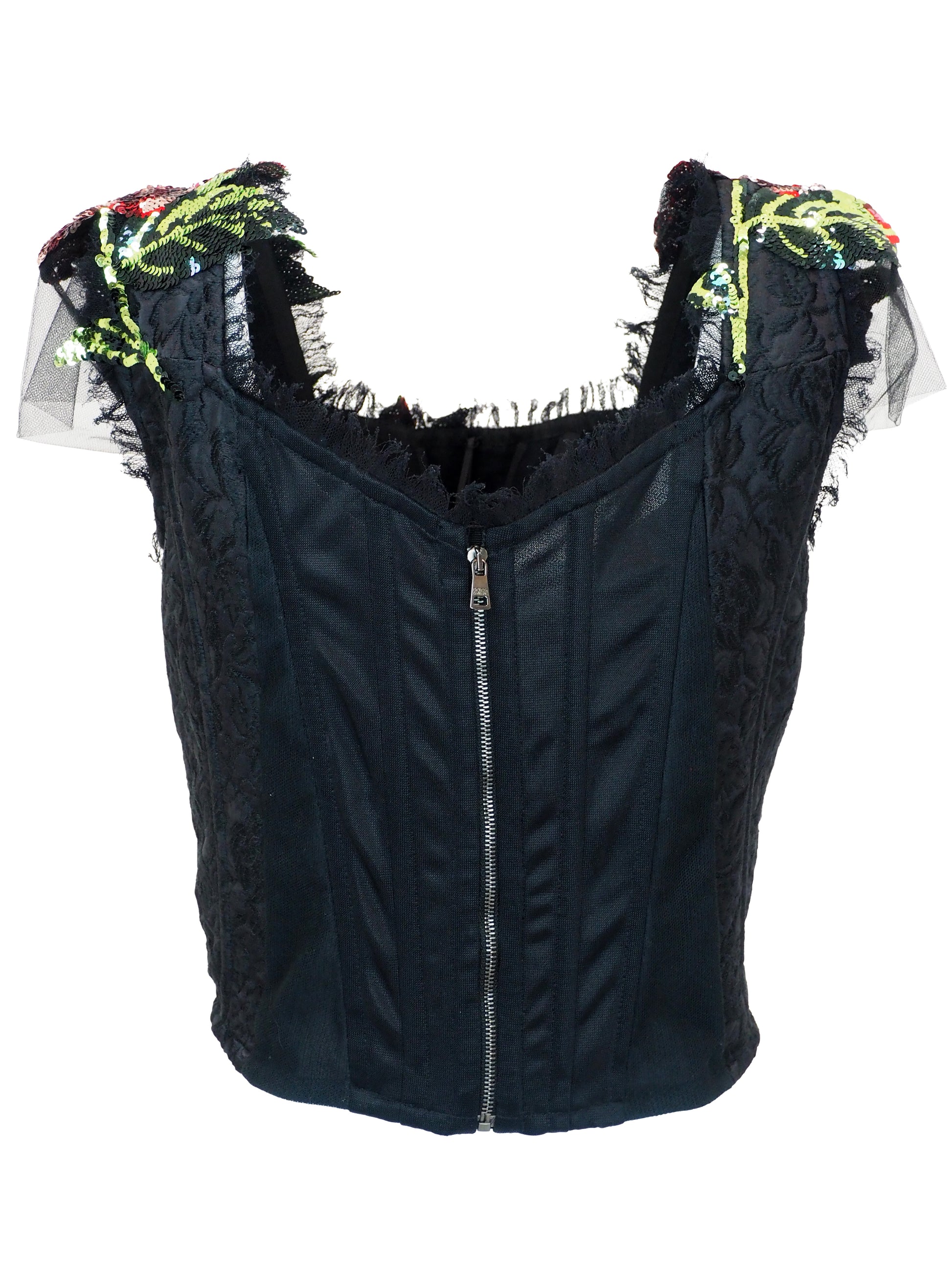 A Vintage dolce and Gabbana 2017 black sequined crop top featuring large pink and red floral sequin patterns with green sequin leaves, sheer ruffled cap sleeves, and a mesh  neckline.