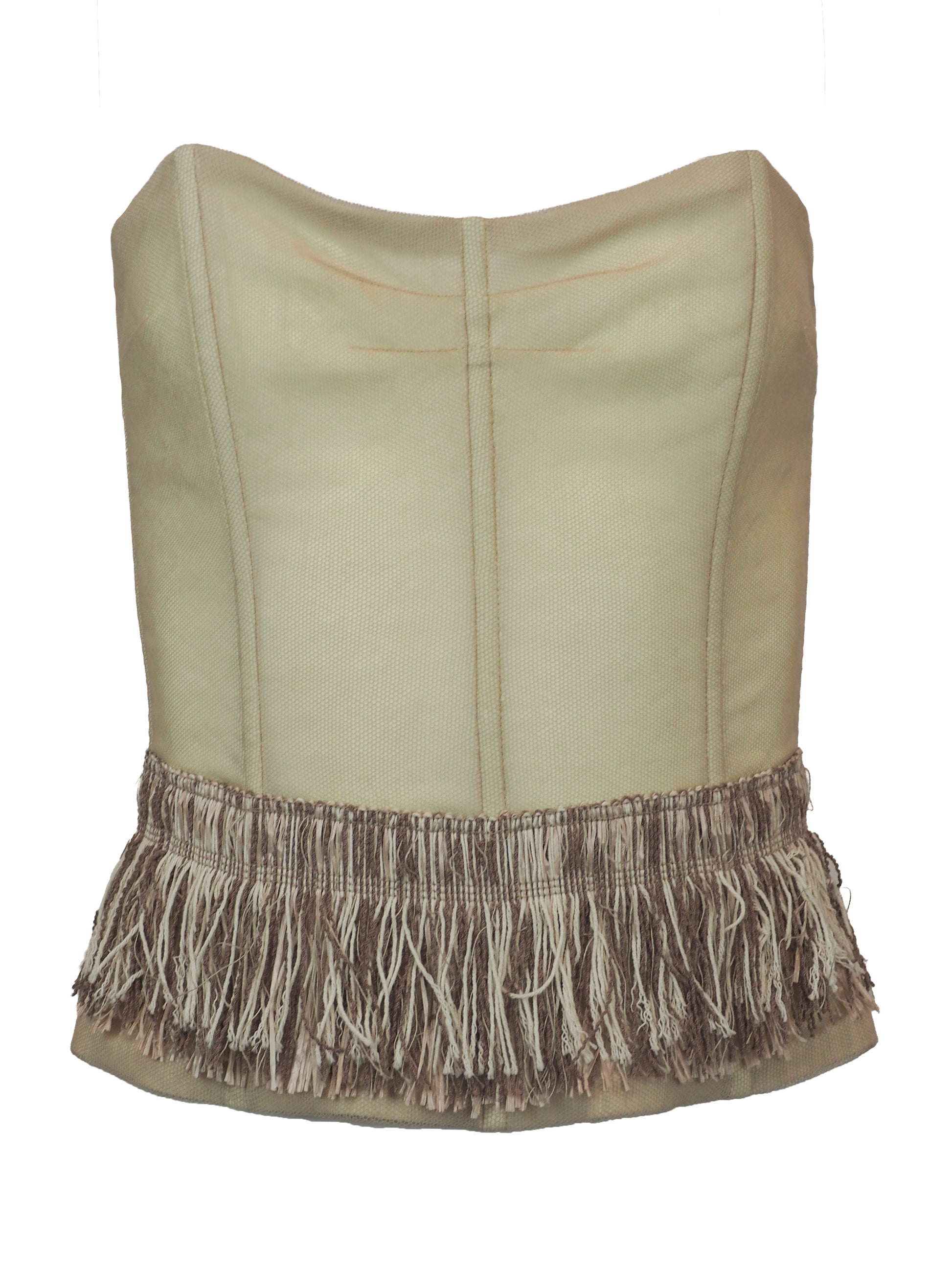 A vintage dolce and Gabbana 2005 runway strapless corset-style top in a light beige fabric, featuring a structured front with vertical seam lines and a wide fringed hem in matching beige and taupe tones