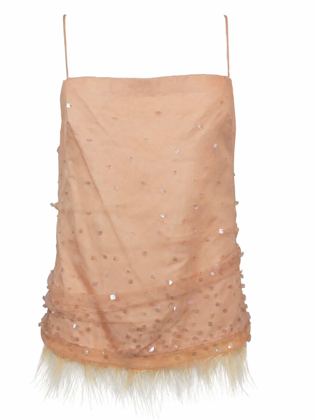 A vintage Donna Karan pink colored sheer mesh camisole top with thin straps, embellished with scattered sequins and a feather hem